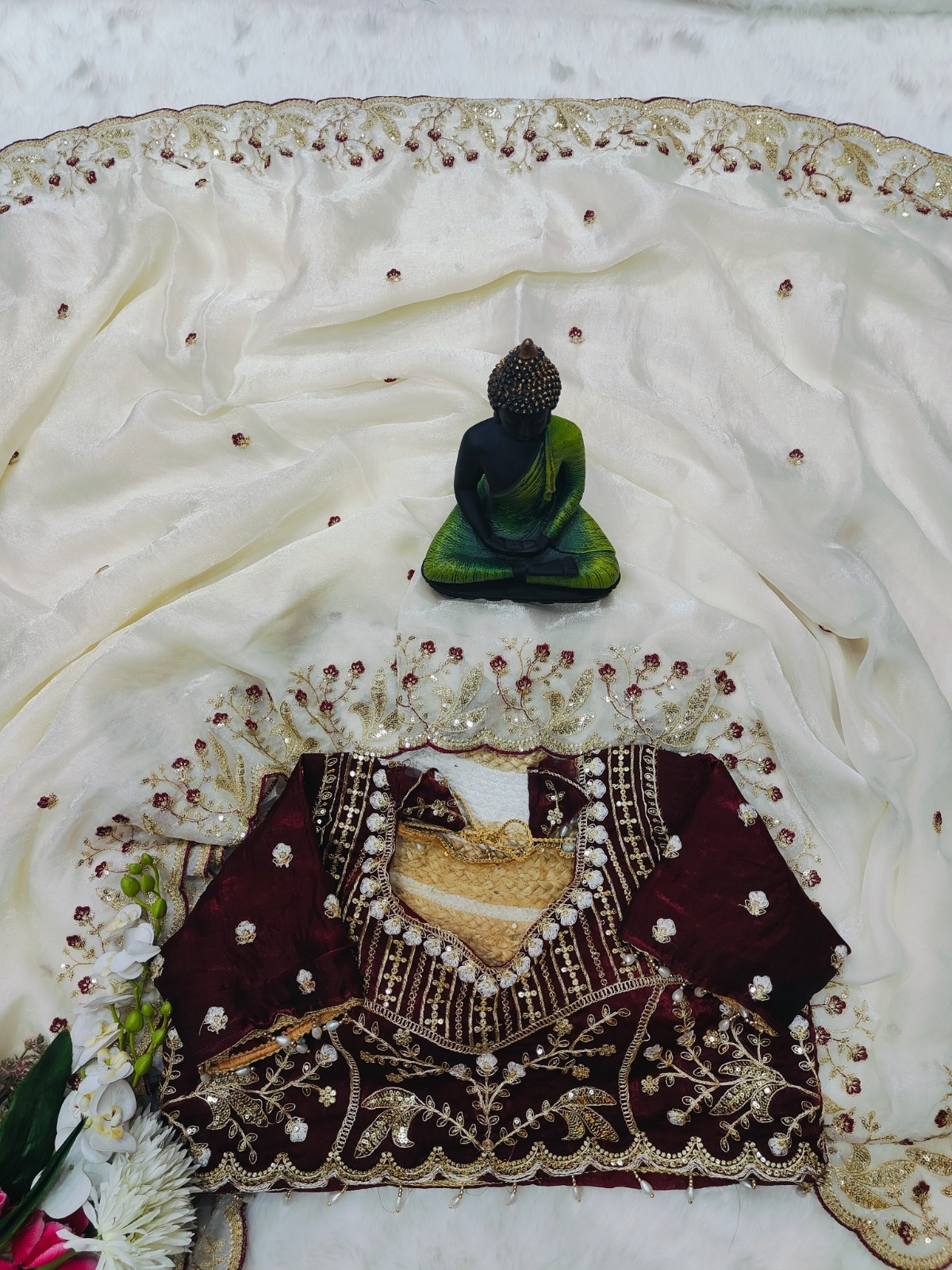 Soft Organza Party Wear Saree with Delicate Floral Embroidery & Designer Blouse