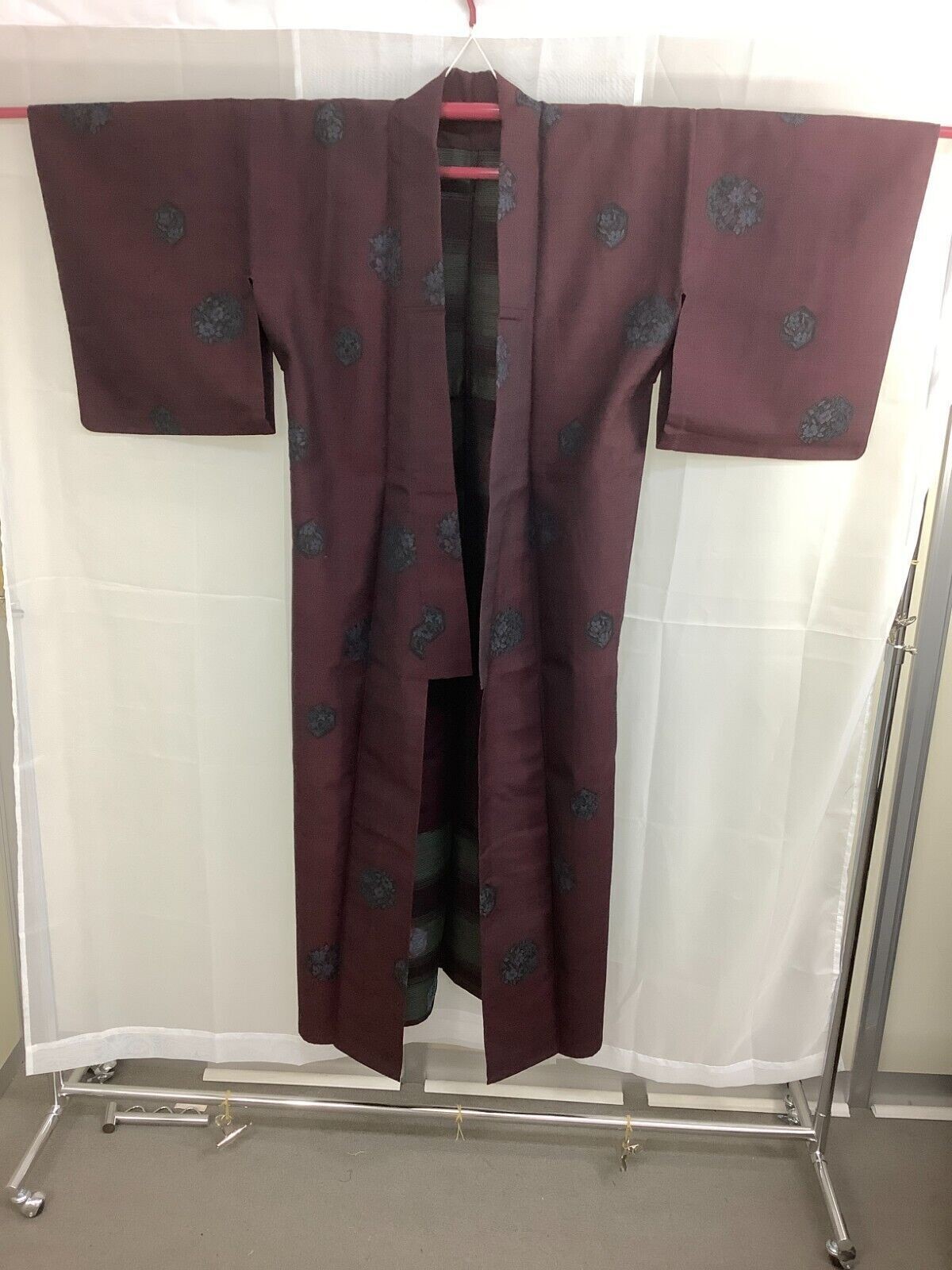 Japanese Vintage Kimono Silk Fabric Wine Red Oshima Expensive Flower 151cm
