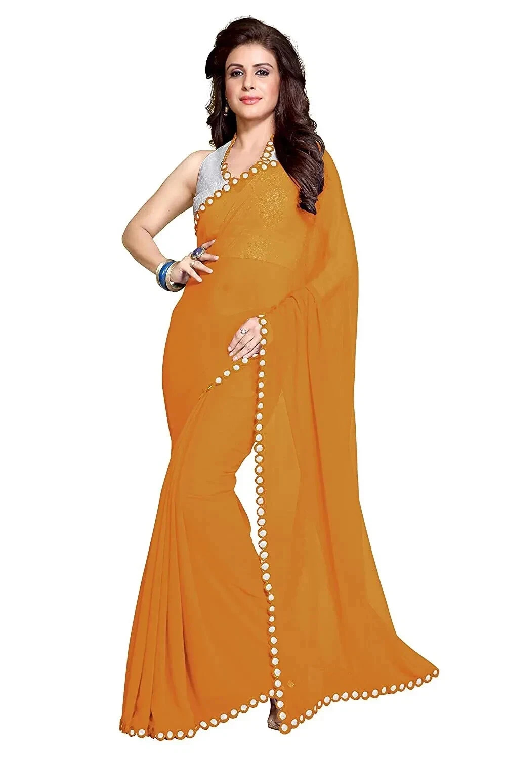Women’s Georgette Designer Mirror Border work Plain Saree Blouse Mustard Yellow