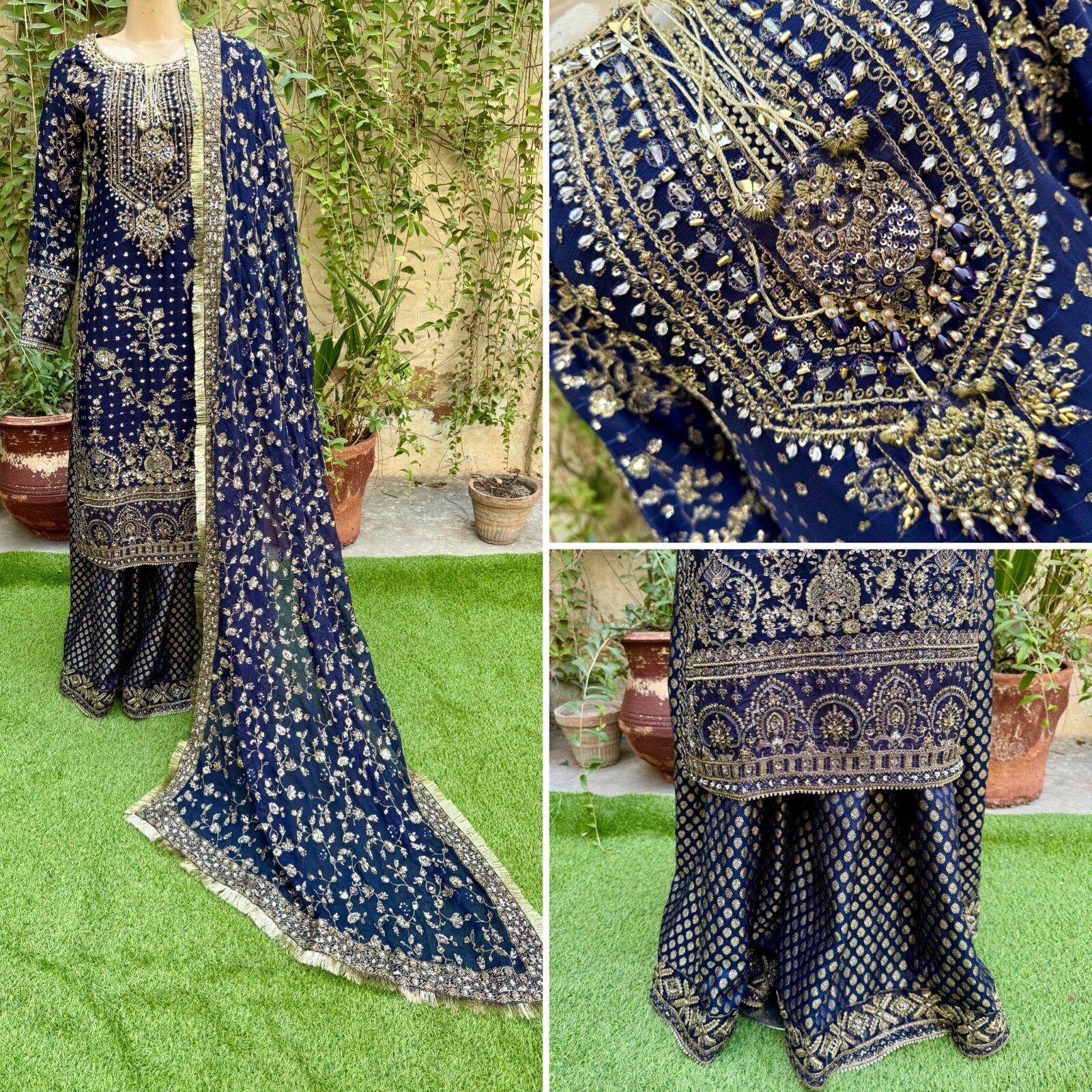 Pakistani Navy Blue Straight Style Embroidered Sequins Chiffon Sharara Dress,S