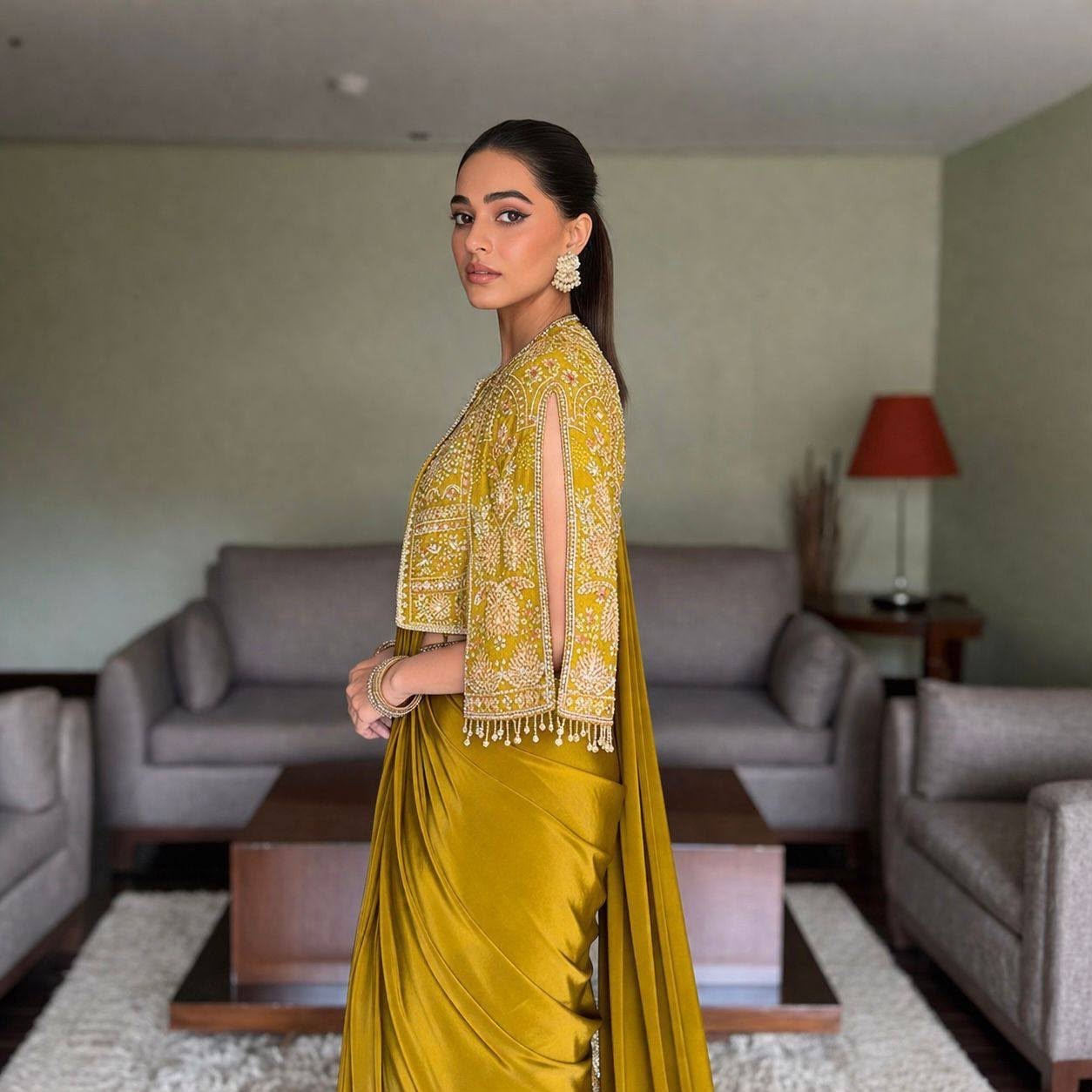 Mustard Yellow Jacket Style Embroidered Palazzo Set Indian Wedding Party Outfit