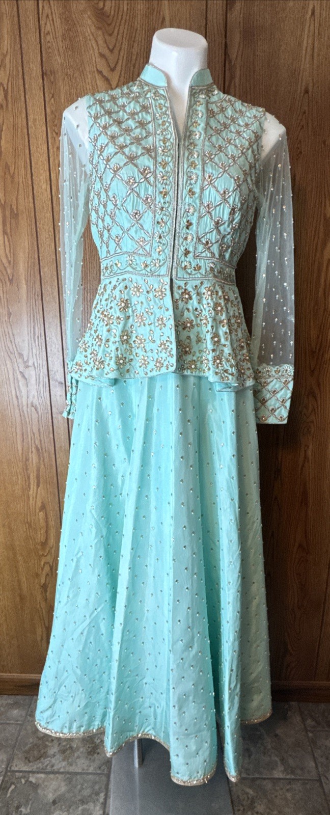 Pooja Peshoria Aqua Blue Kundan & Dabka Embellished Peplum Blouse W/ Lehanga Set