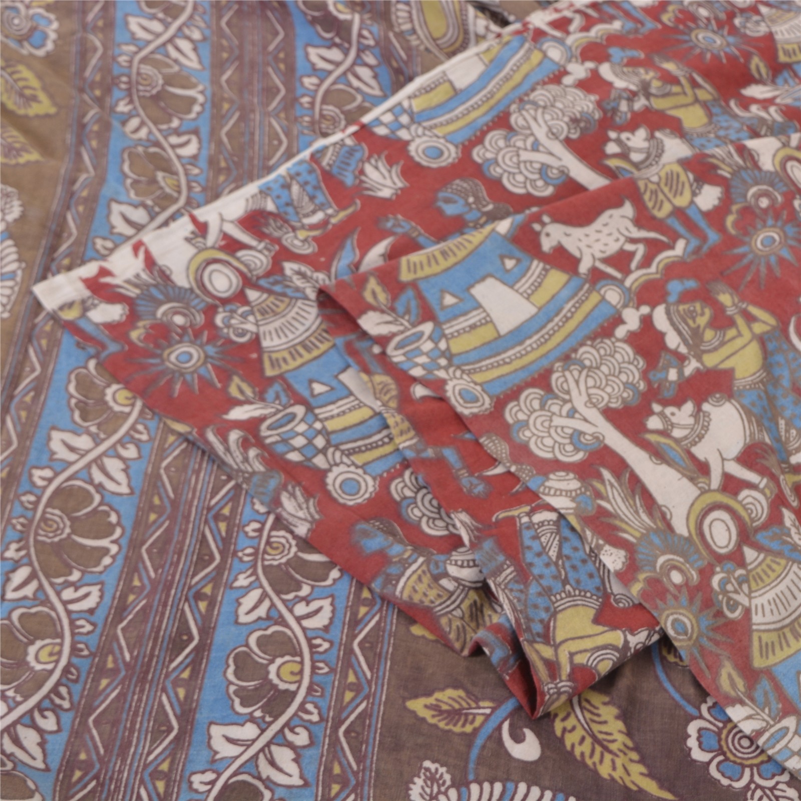 Sanskriti Vintage Gray/Red Pure Cotton Sarees Kalamkari Printed Sari 5+Yd Fabric