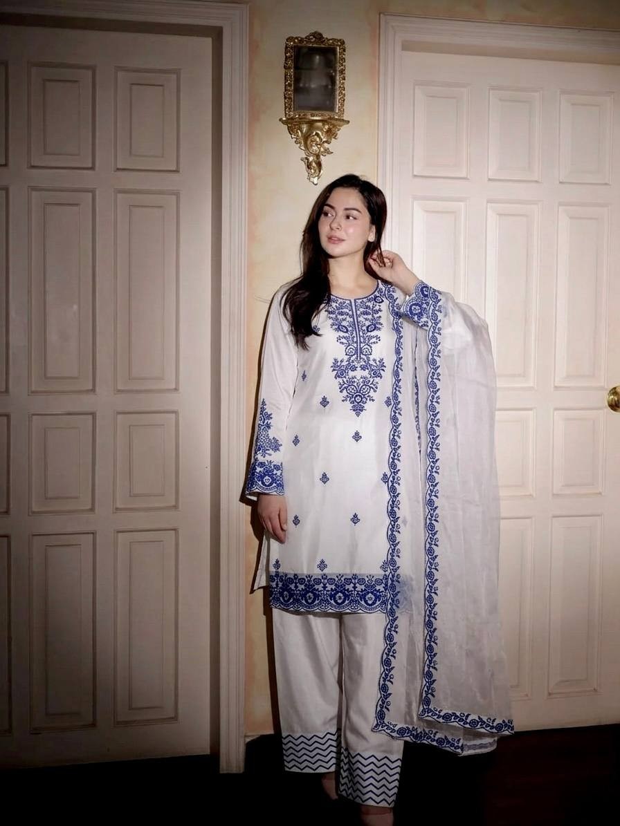 Party Look Rayon Cotton White Top Bottom With Dupatta For Women & Girls Wear
