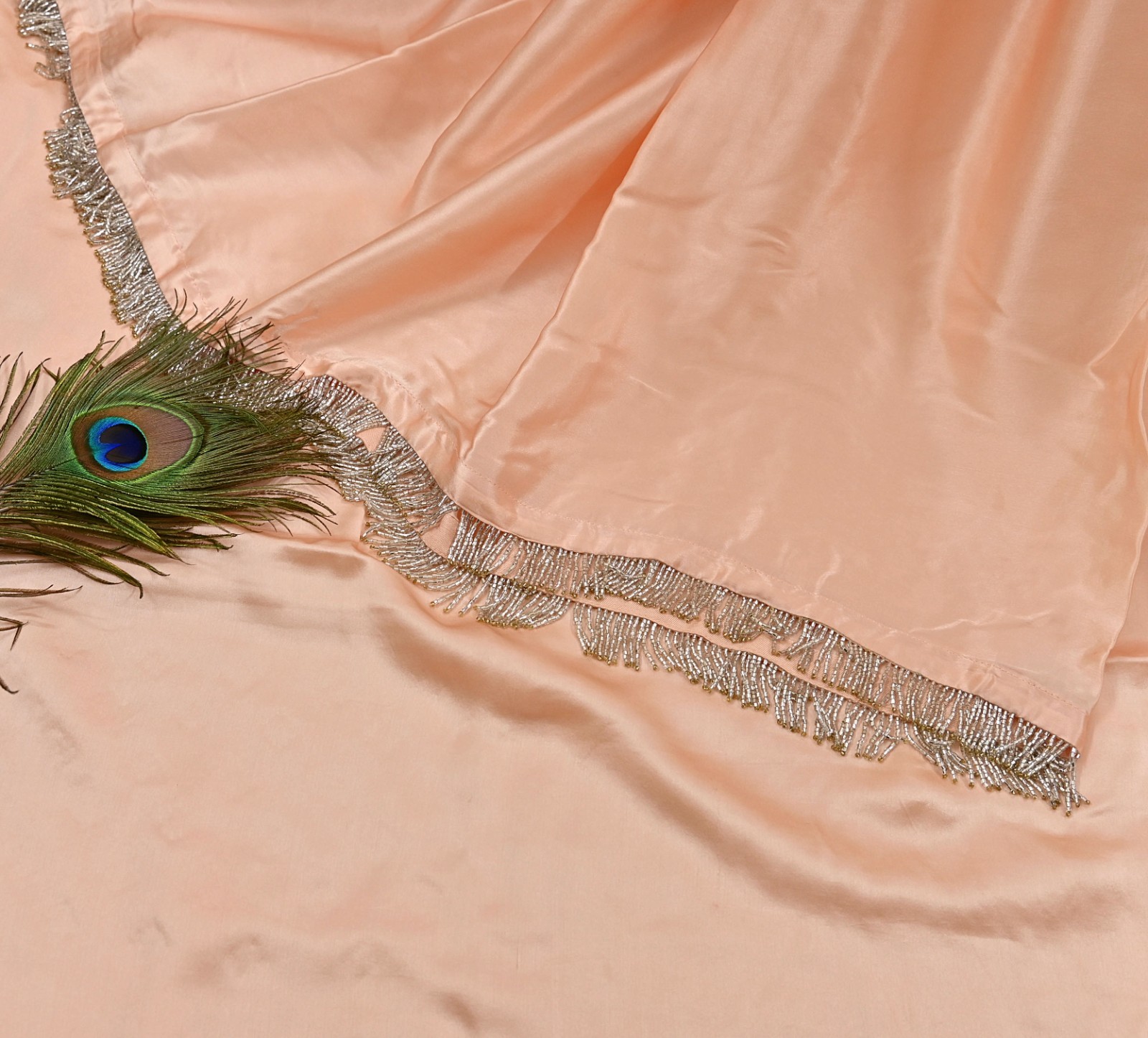 Rare Vintage Peach Pure Satin Silk Saree Hand Embroidered Fabric 5.5 Yards Sari