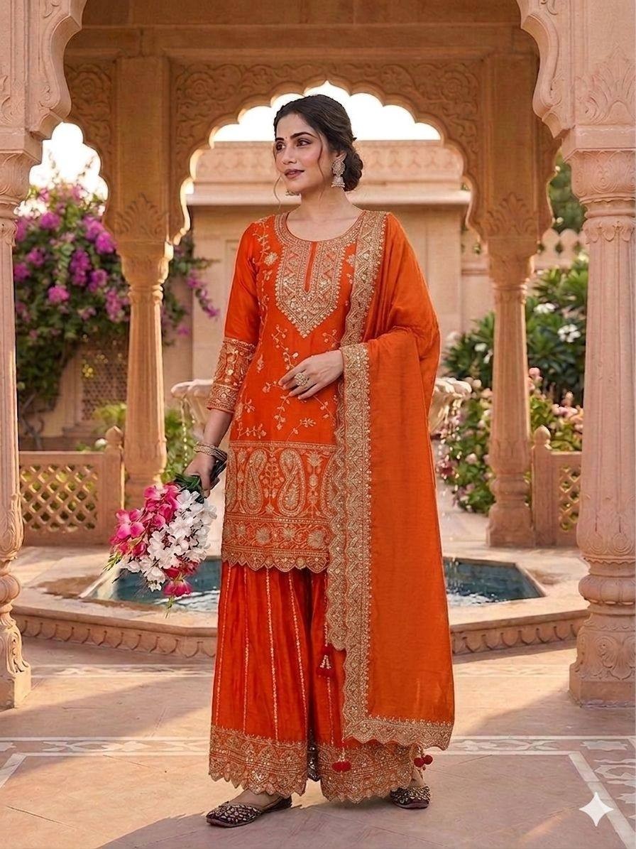 Bollywood Style Heavy Chinon Silk Orange Top Palazzo With Dupatta For Women Wear