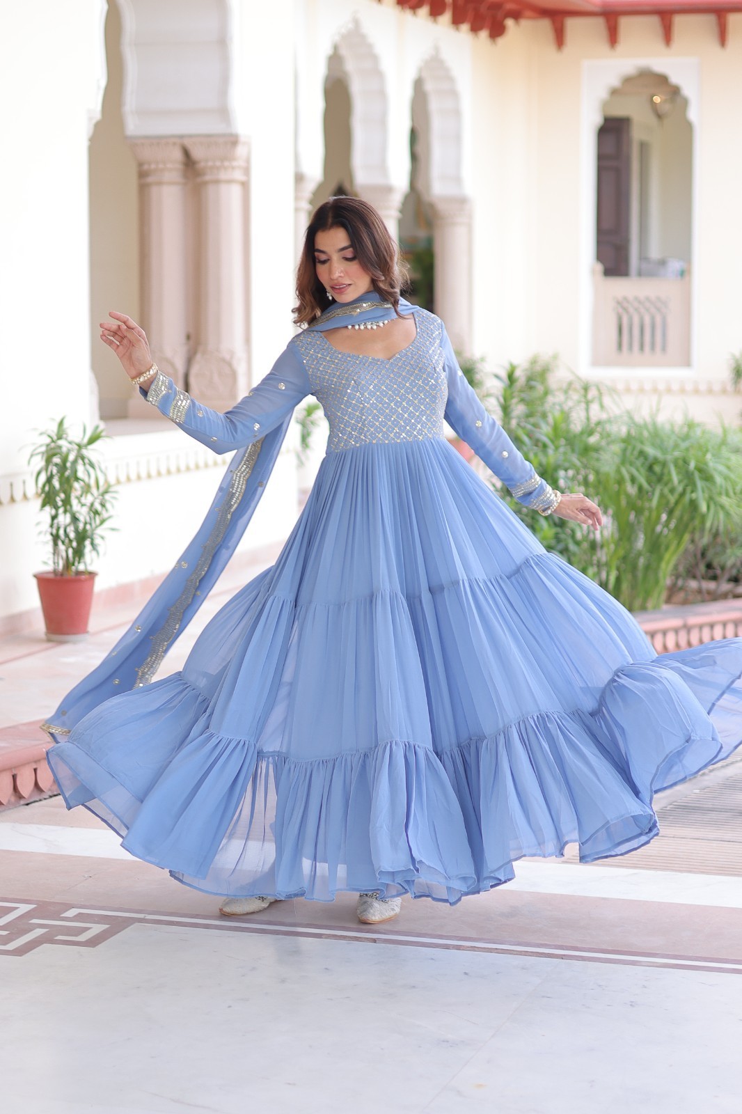 Indian Style Faux Georgette Blue Salwar Kameez With Dupatta For Women Wear