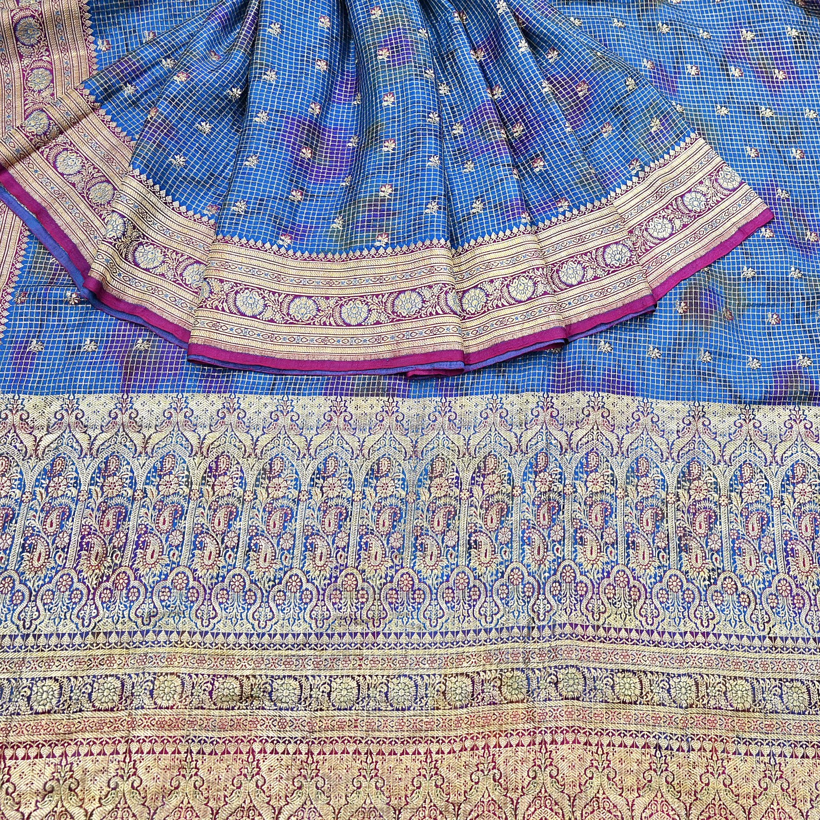 Indian Vintage Blue Heavy Sari Pure Satin Silk Woven Banarasi Tanchoi Saree 5yd