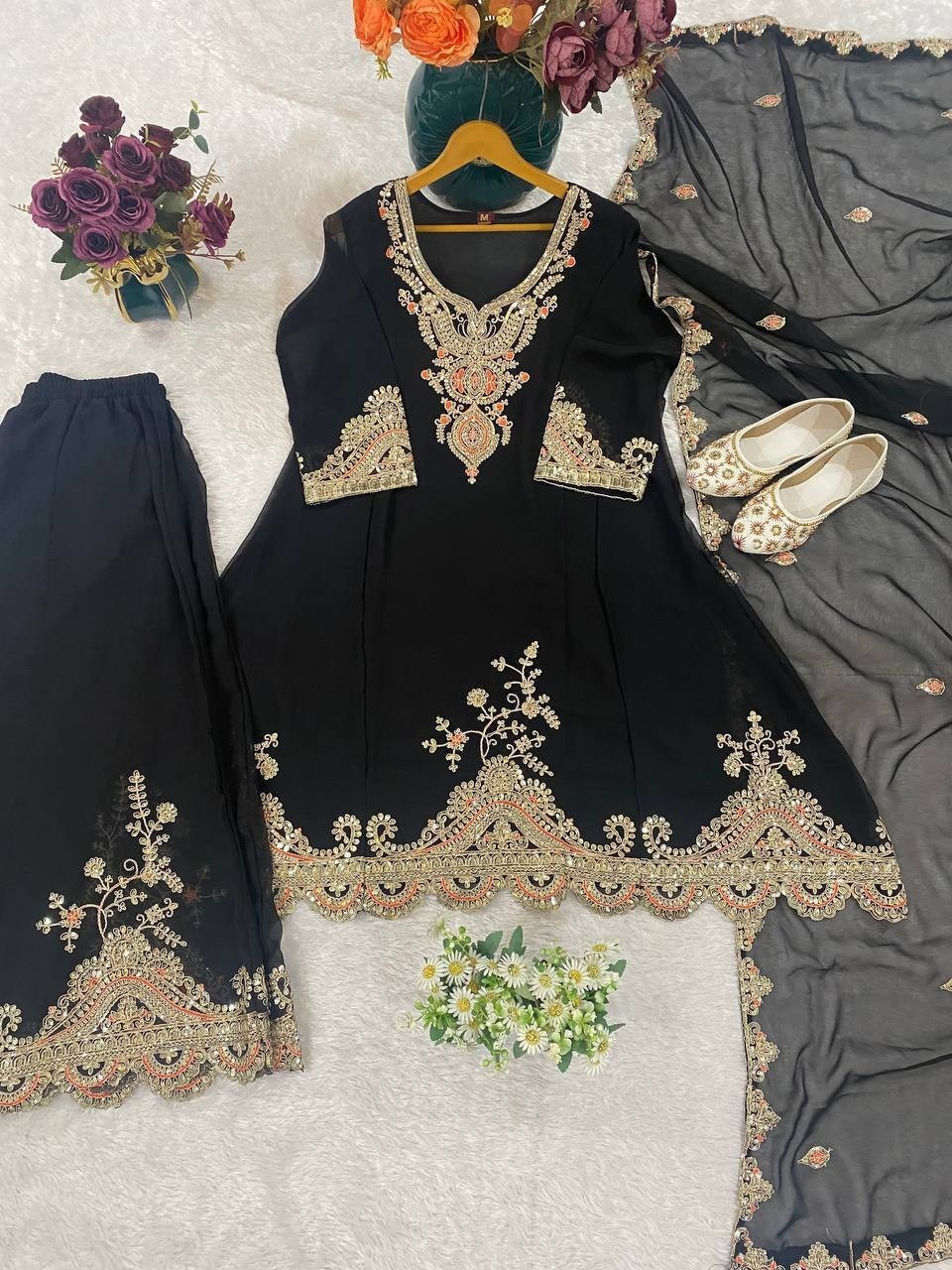 New Launch Black Faux Georgette Kurta Palazzo With Dupatta For Women