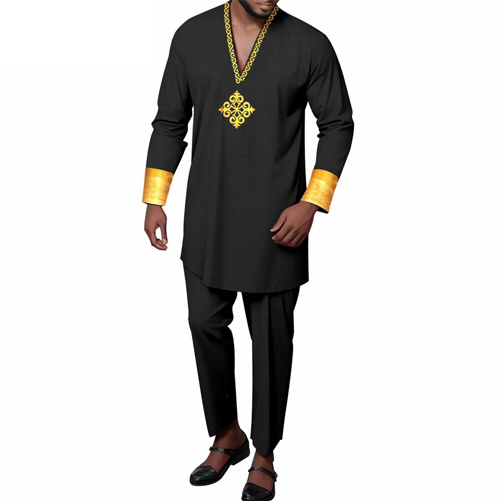 Men’s African 2 Piece Set Traditional Shirt and Pants Set Suit Middle East Suit