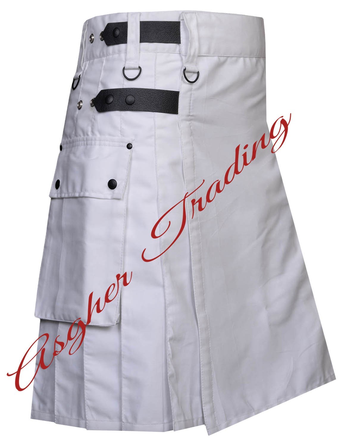 Handmade White Cotton Utility Kilt, Real Leather Straps Men’s Custom Size kilts