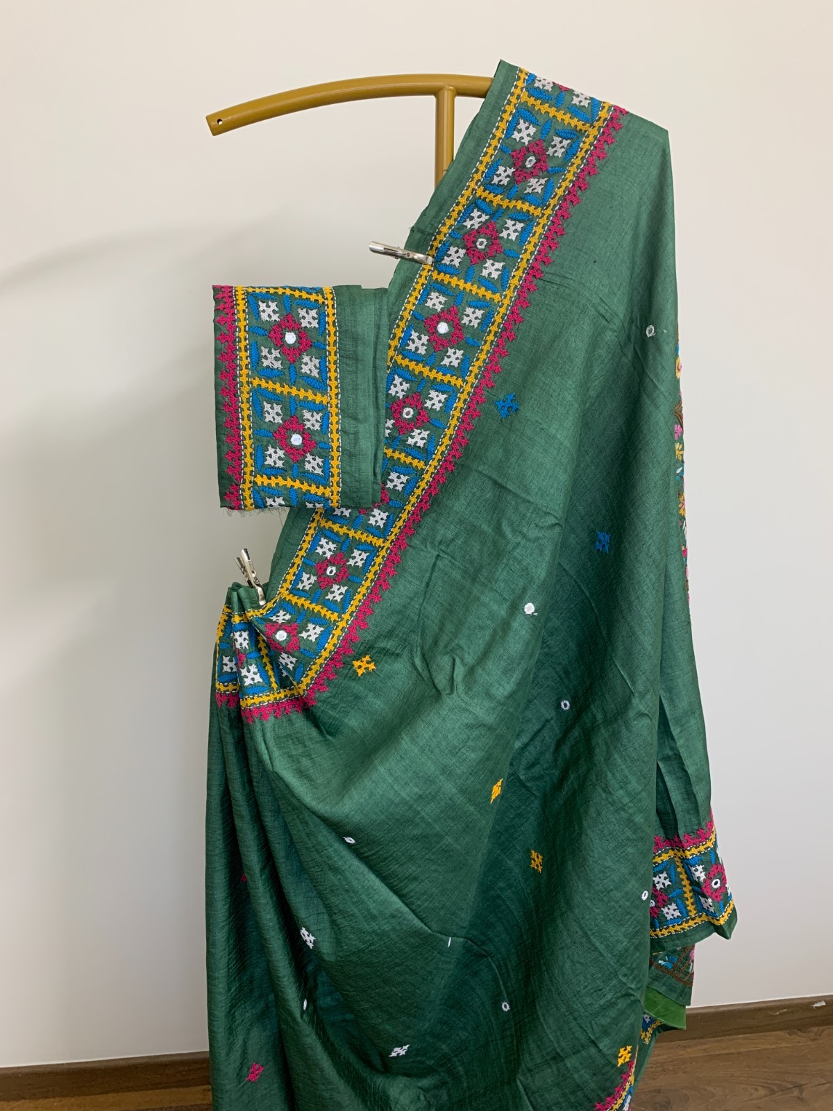 Green Kutch Parsigara Hand Embroidery Tussar Silk Saree sari party wear Women