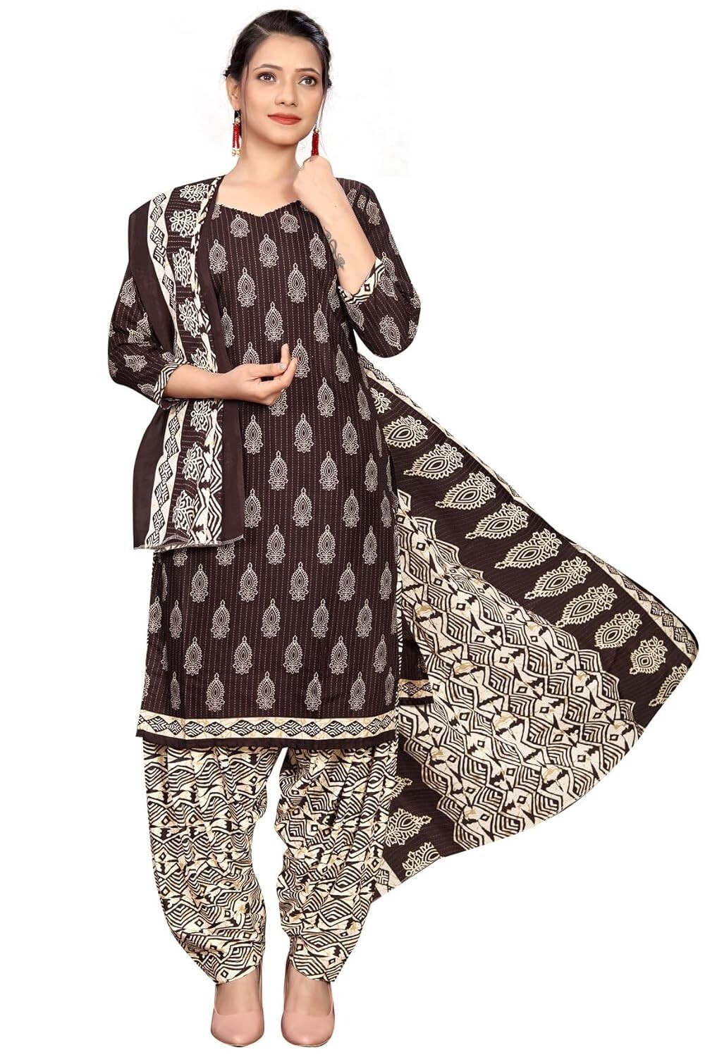 Women Brown Cotton Printed Ready To Wear Patiala Salwar Suit