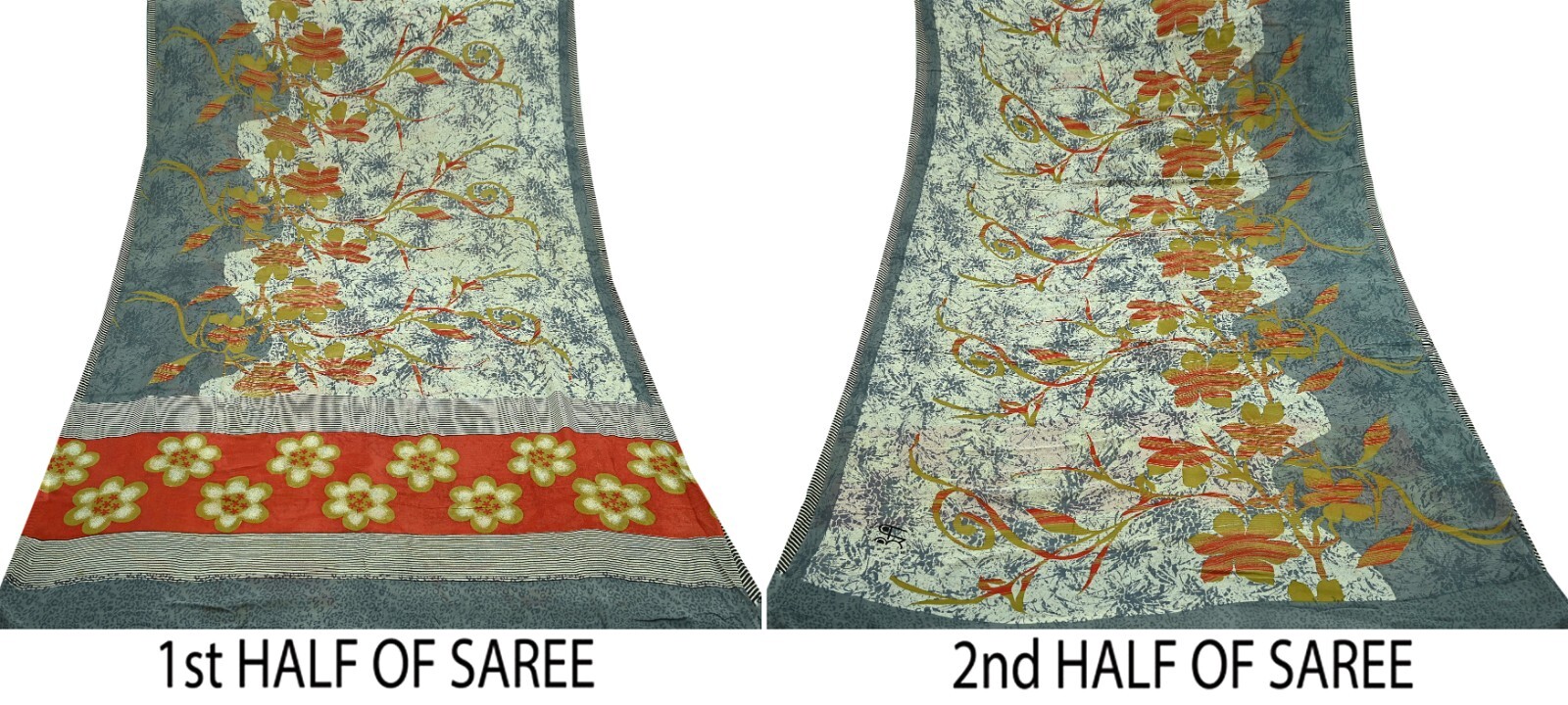 Vintage Sari Ivory & Gray Pure Georgette Silk Printed Sarees Sewing 5yard Fabric