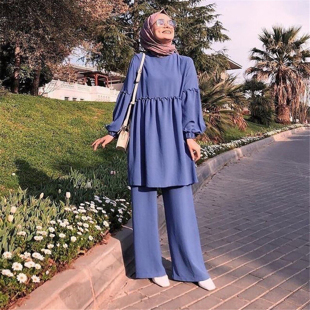 Muslim Blouse Pant Two Piece Set Women Long Sleeve Robe Abaya Islamic Dress Arab