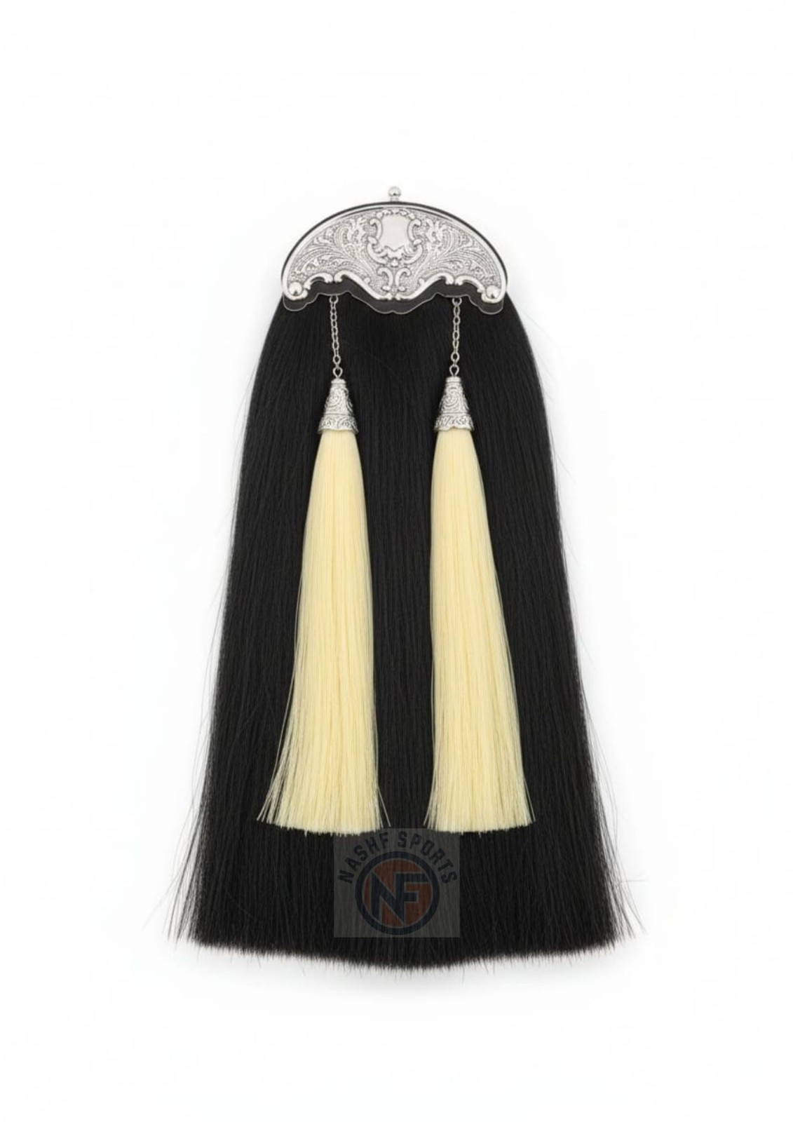 Black Synthetic Horsehair Sporran with Chrome Thistle Cantle & Cream Tassels