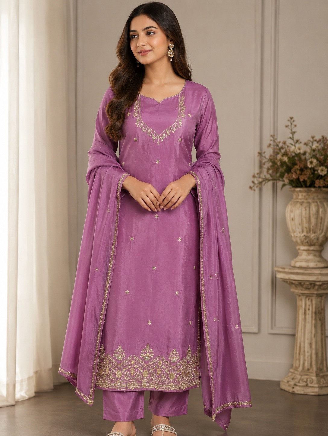 Purple Hand Embroidered Crepe Suit Set with Organza Dupatta | Premium Ethnic…