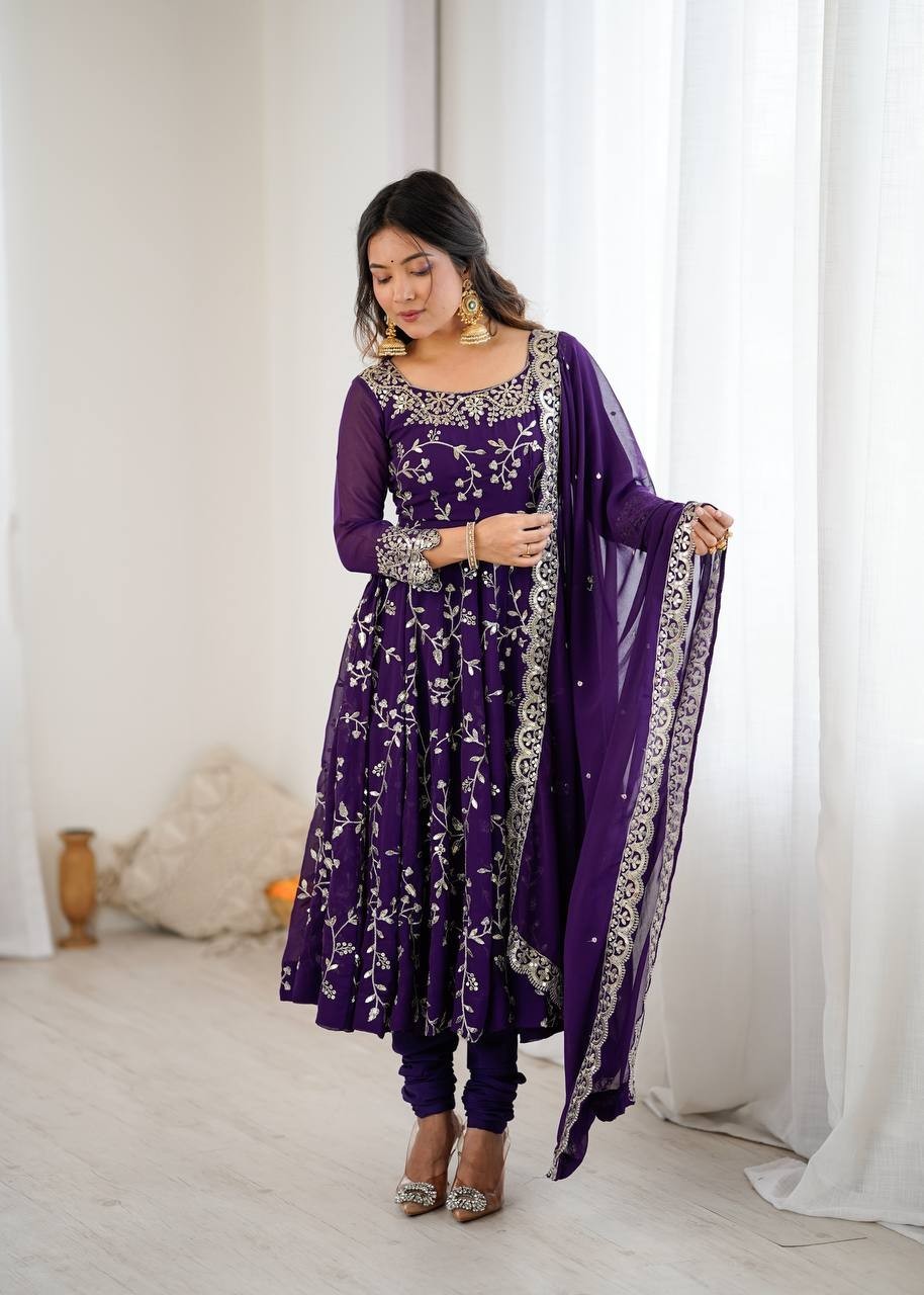 Elegant Purple Georgette Embroidery Sequins Work Flared Anarkali Gown 3 Pc Set
