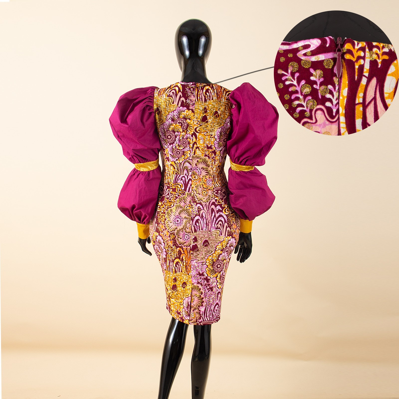 African Women’s Ankara Printed V-Neck Puff Sleeve Knee-Length Dress Patchwork