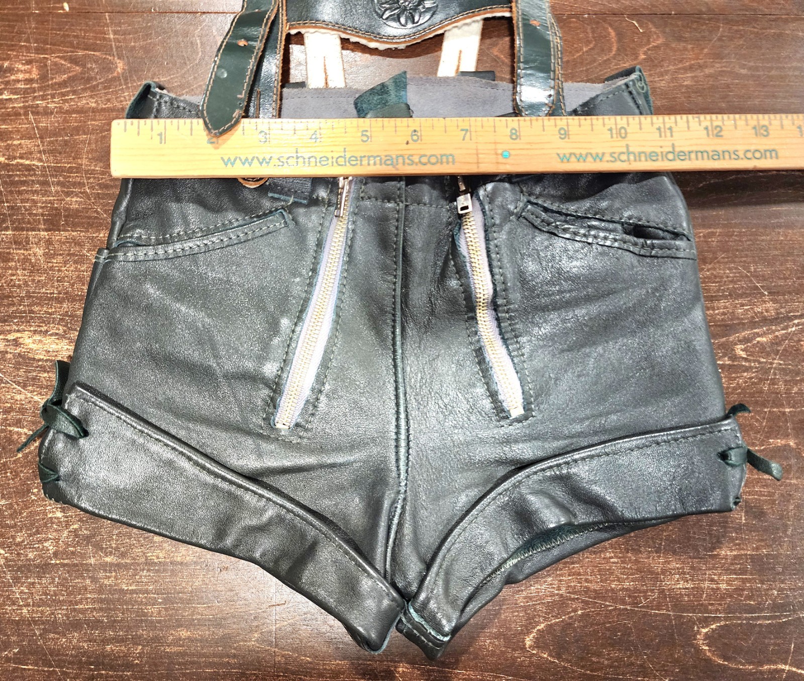 Vintage Children’s German Lederhosen Green Leather Original Suspenders