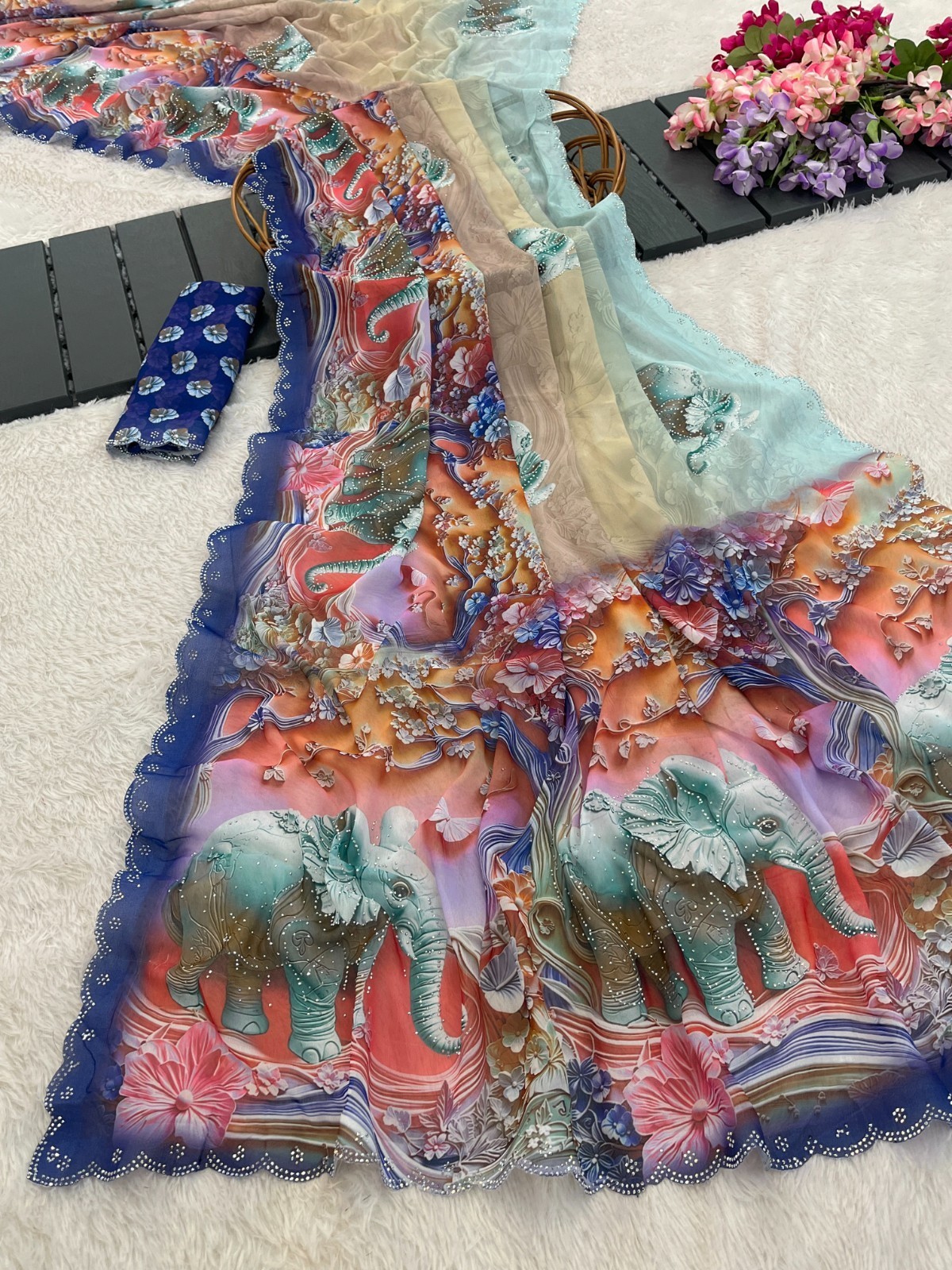 Women’s Navy Blue Weightless 3D Digital Elephant Print Swarovski Work Party Wear