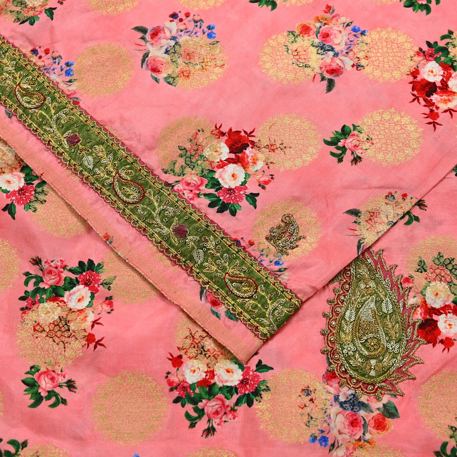 Vintage Peach Sarees Hand Embroidered Woven Brocade Sari Fabric 6Yd Sewing Dabka