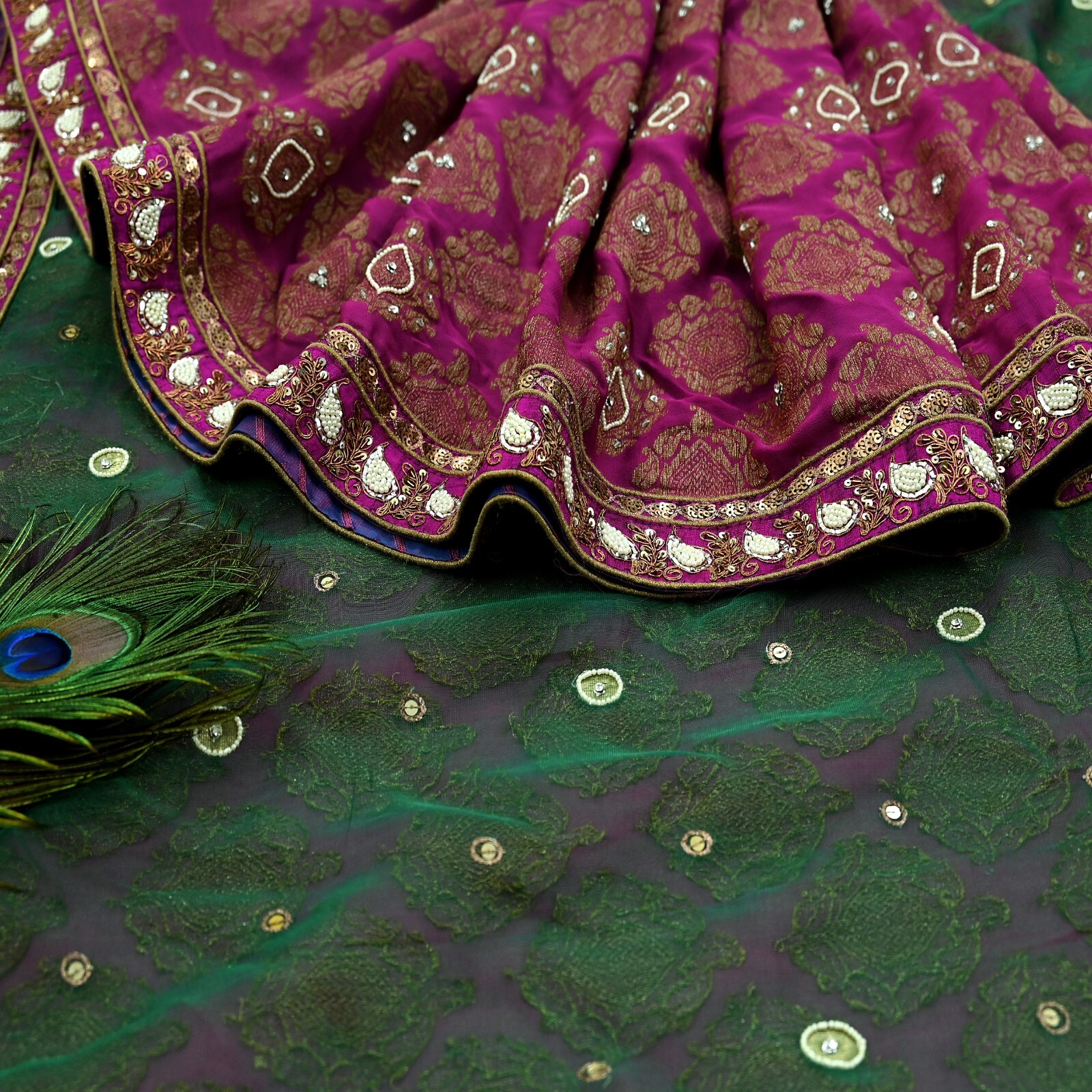 Indian Sari Green & Purple Net Hand Embroidered Designer Sabyasachi Sarees 6yard