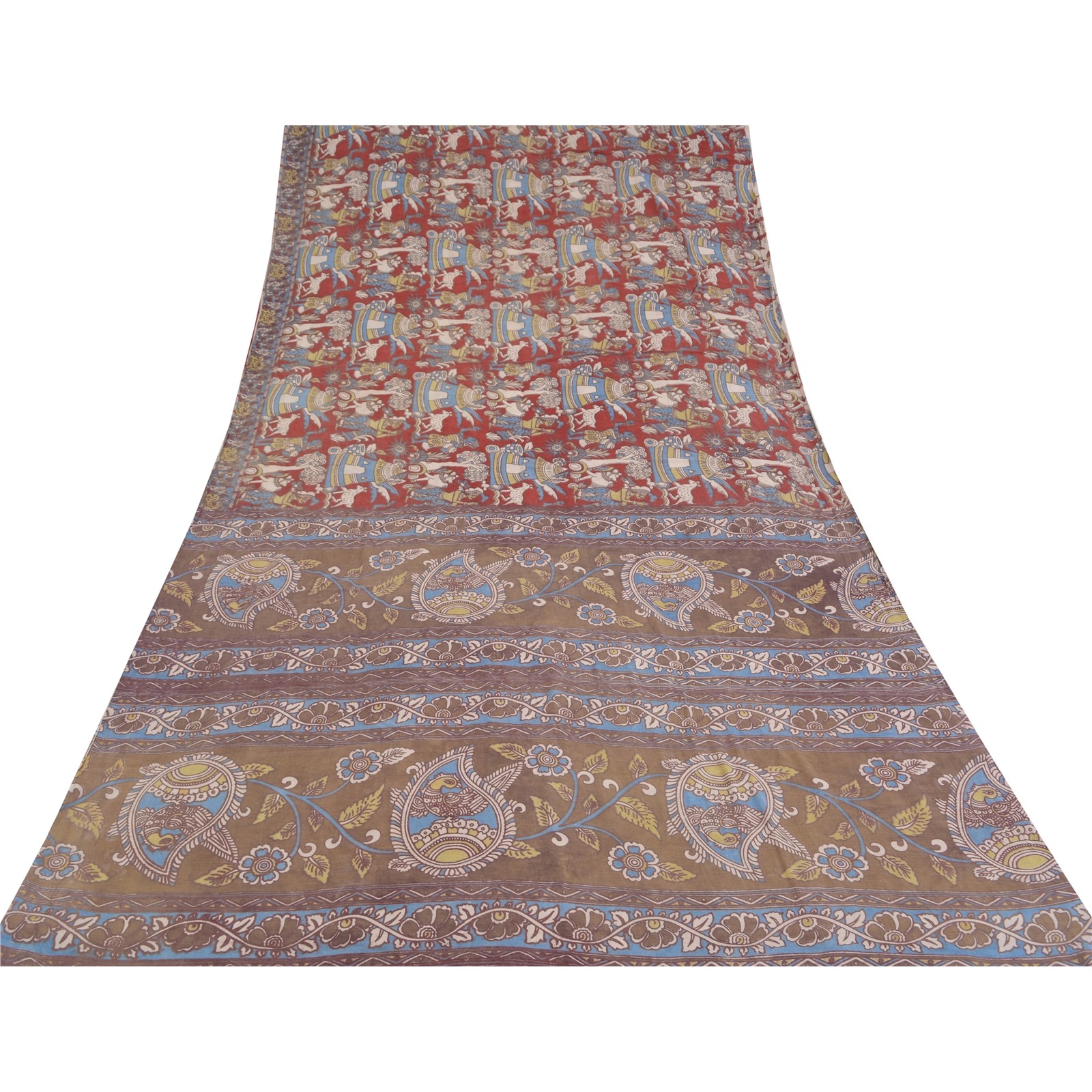 Sanskriti Vintage Gray/Red Pure Cotton Sarees Kalamkari Printed Sari 5+Yd Fabric