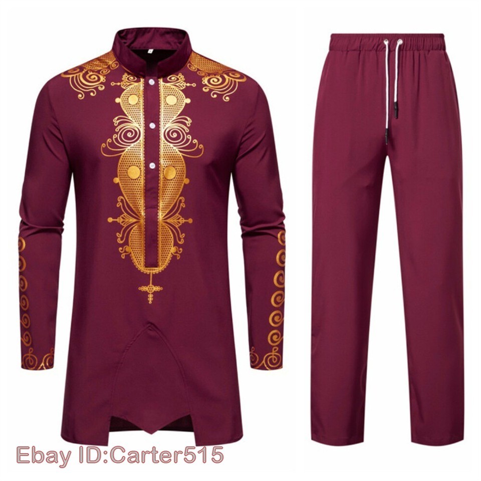 Men’s African 2 Piece Set Traditional Shirt and Pants Set Suit Middle East Suit