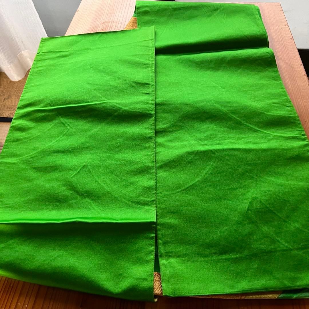 Silk Fukuro Obi Green Gold Wave Embroidery 416cm Japanese Kimono Used