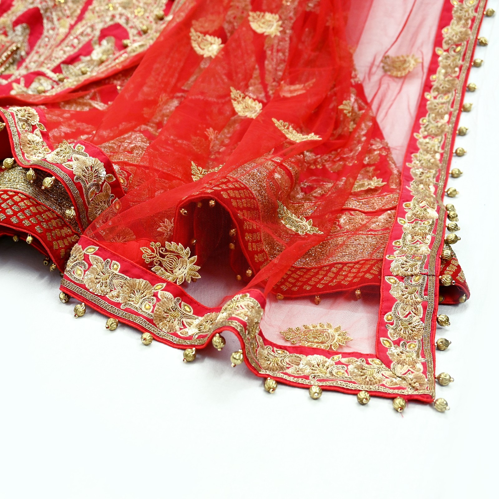 Indian Wedding Red Net/Satin Silk Hand Embroidered Designer Lehenga 3pcs set
