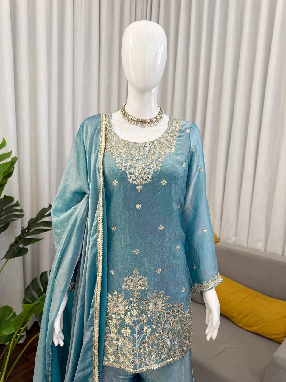 New Presenting Heavy Silk Sky Blue Top Palazzo With Dupatta For Wedding Wear