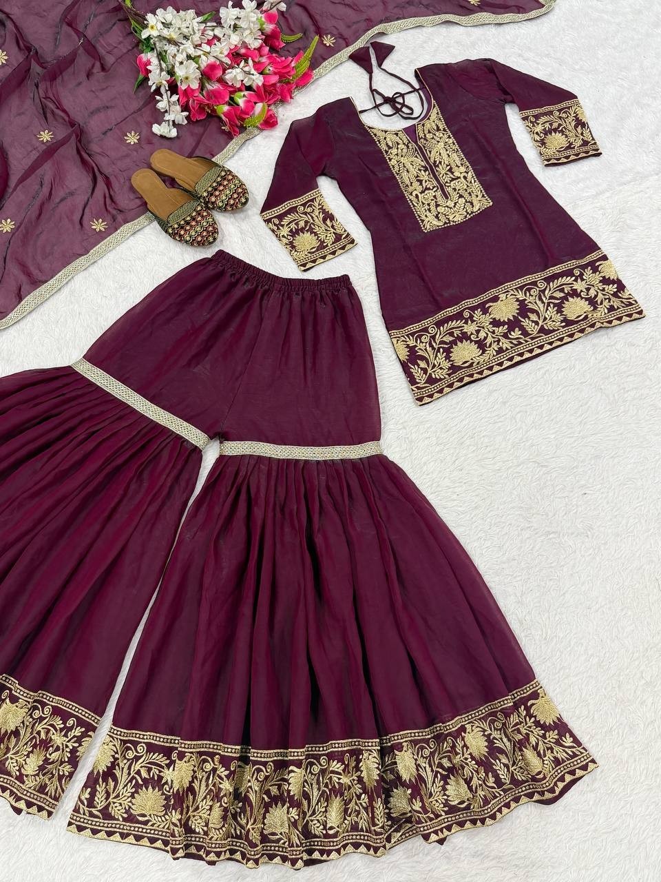 Stunning Look Maroon Silk Kurta Palazzo With Dupatta For Women & Girls
