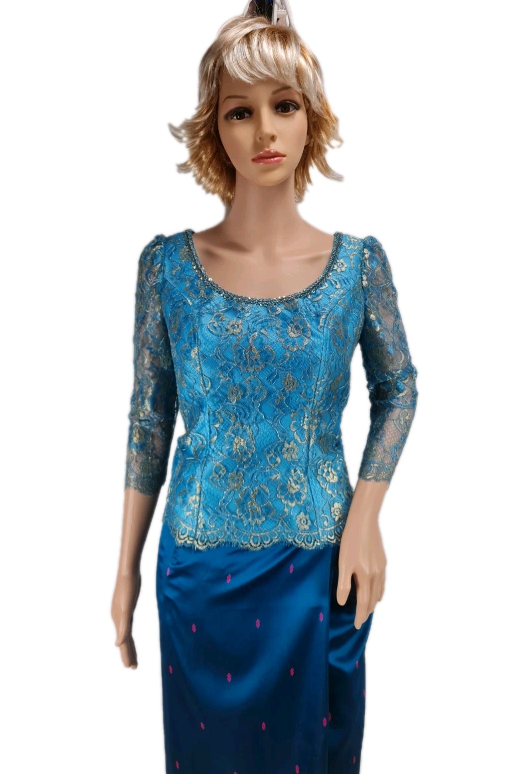 Khmer Cambodia Traditional Skirt Set Size M Blue Lace Khmer Skirt