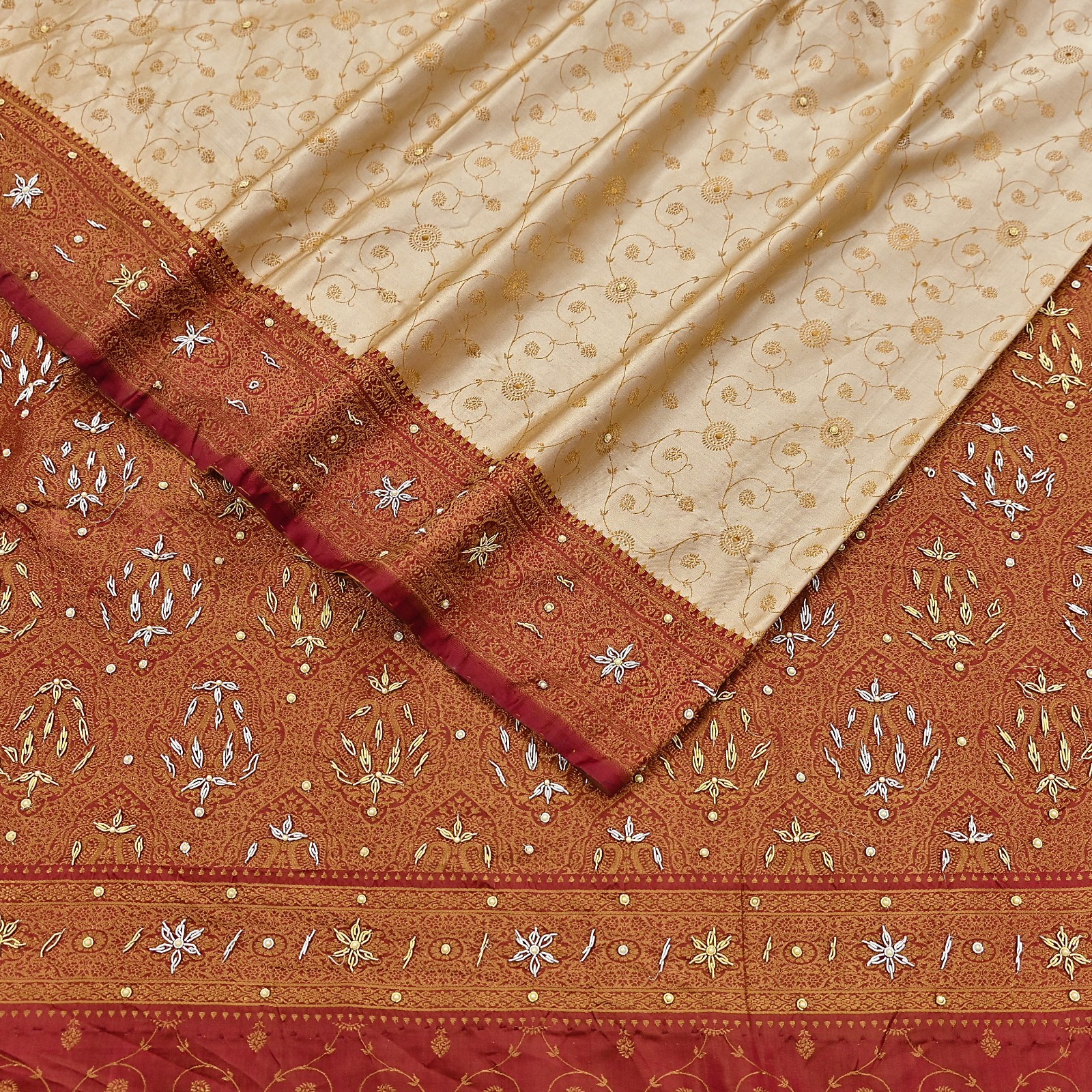 Indian Vintage Beige & Maroon Heavy Saree Pure Satin Silk Hand Embroidered 5yd