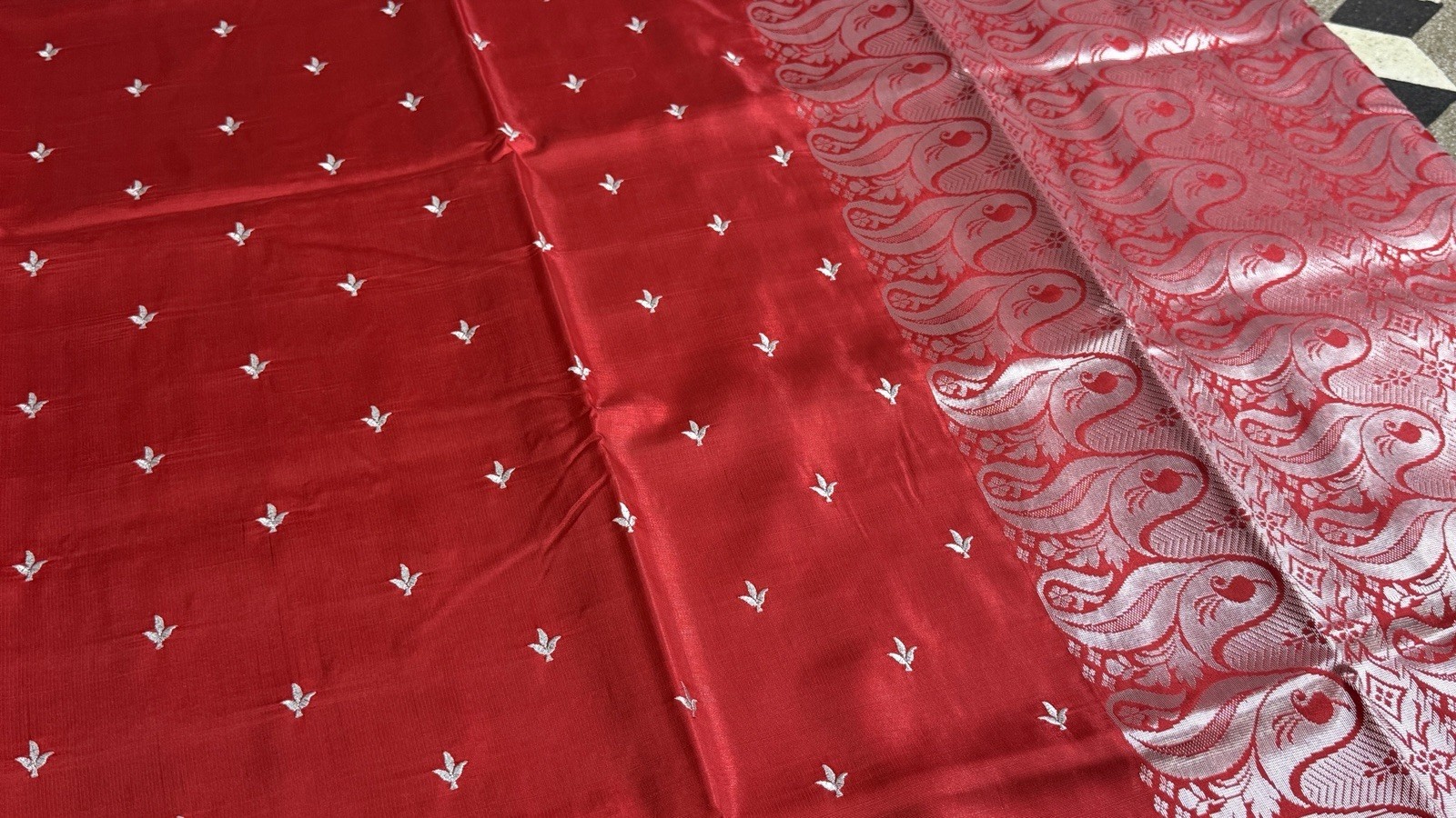 Red Satin Silk Saree | Silver Woven Border, Traditional Indian Festive Wear
