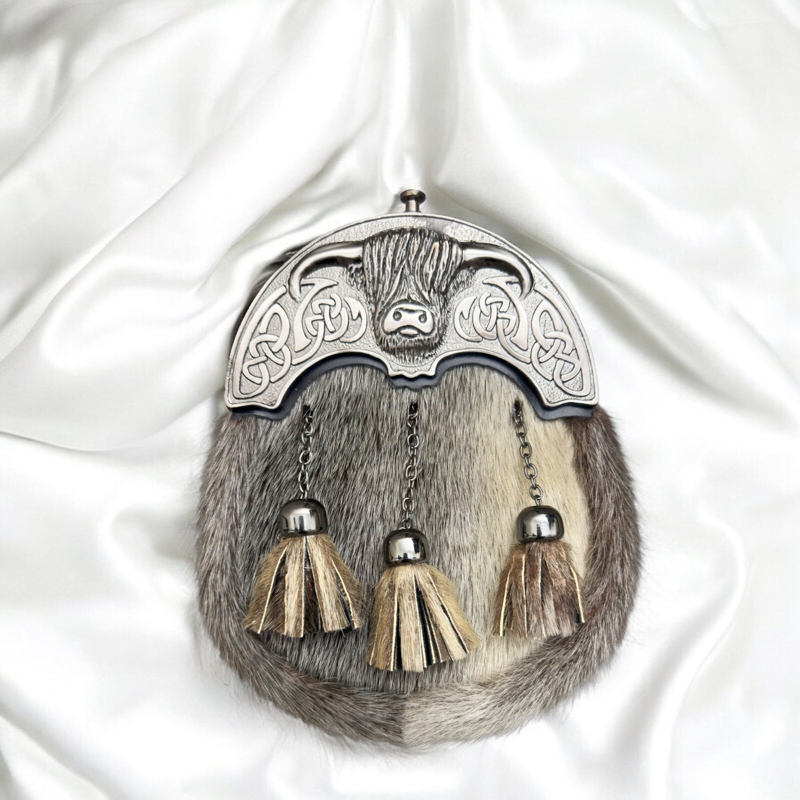 Scottish Cow Head Sporran Three Tassels with Chrome Finished Cantle and Fur
