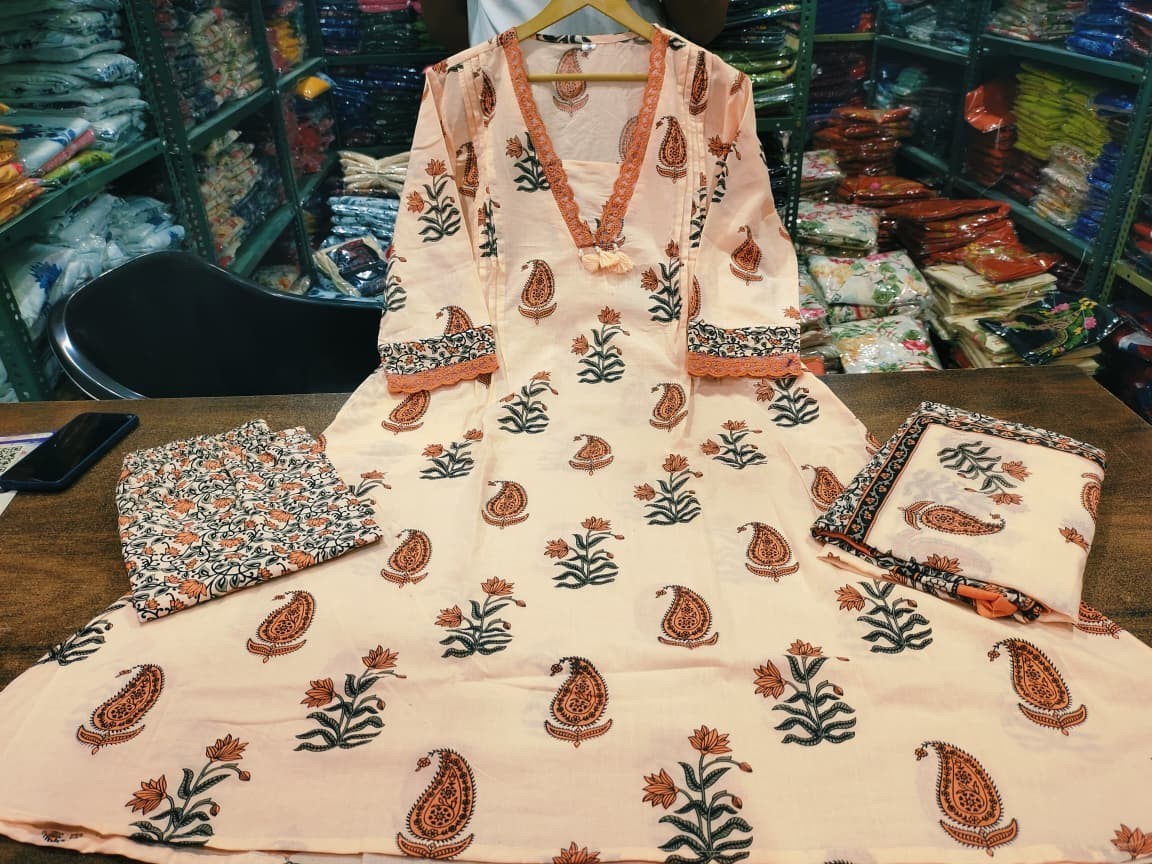 Beautiful Blockprinted Aline Kurta Palazzo Dupattas Set Indian Women’s Kurti Set