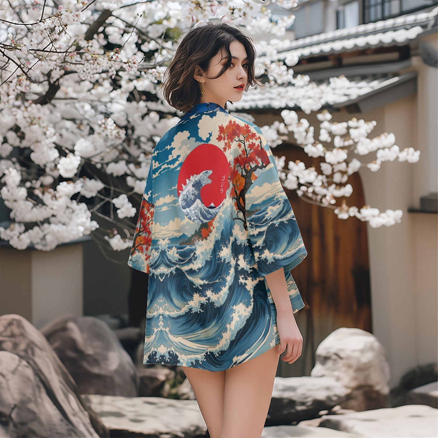 Niepce Men’s Japanese Graphic Lightweight Blue Oceans Kimono Cardigan Shirt Top