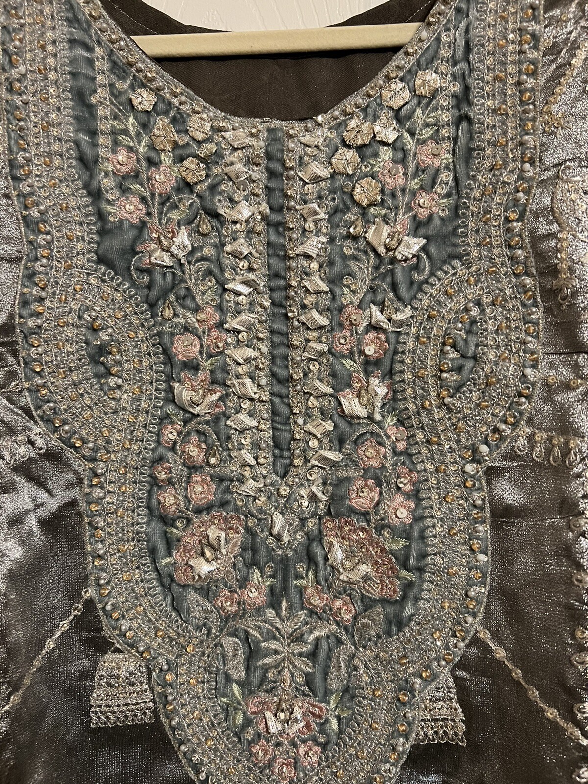 Grey/Silver/Green On Velvet Pakistani Fancy Gharara Dress