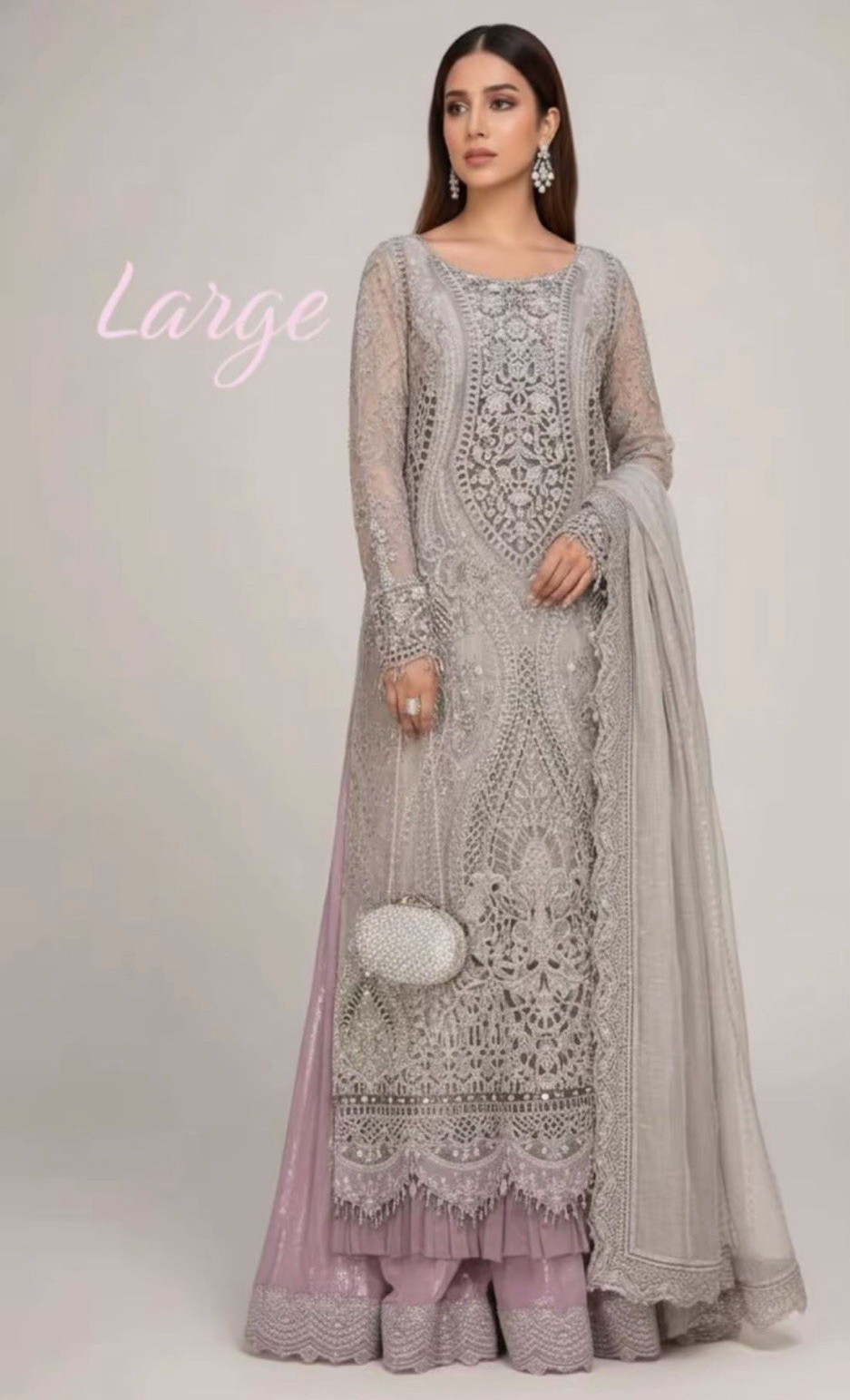Women Pakistani Embroidered Lace Salwar Kameez 3pc Suit w/ Dupatta Gray L