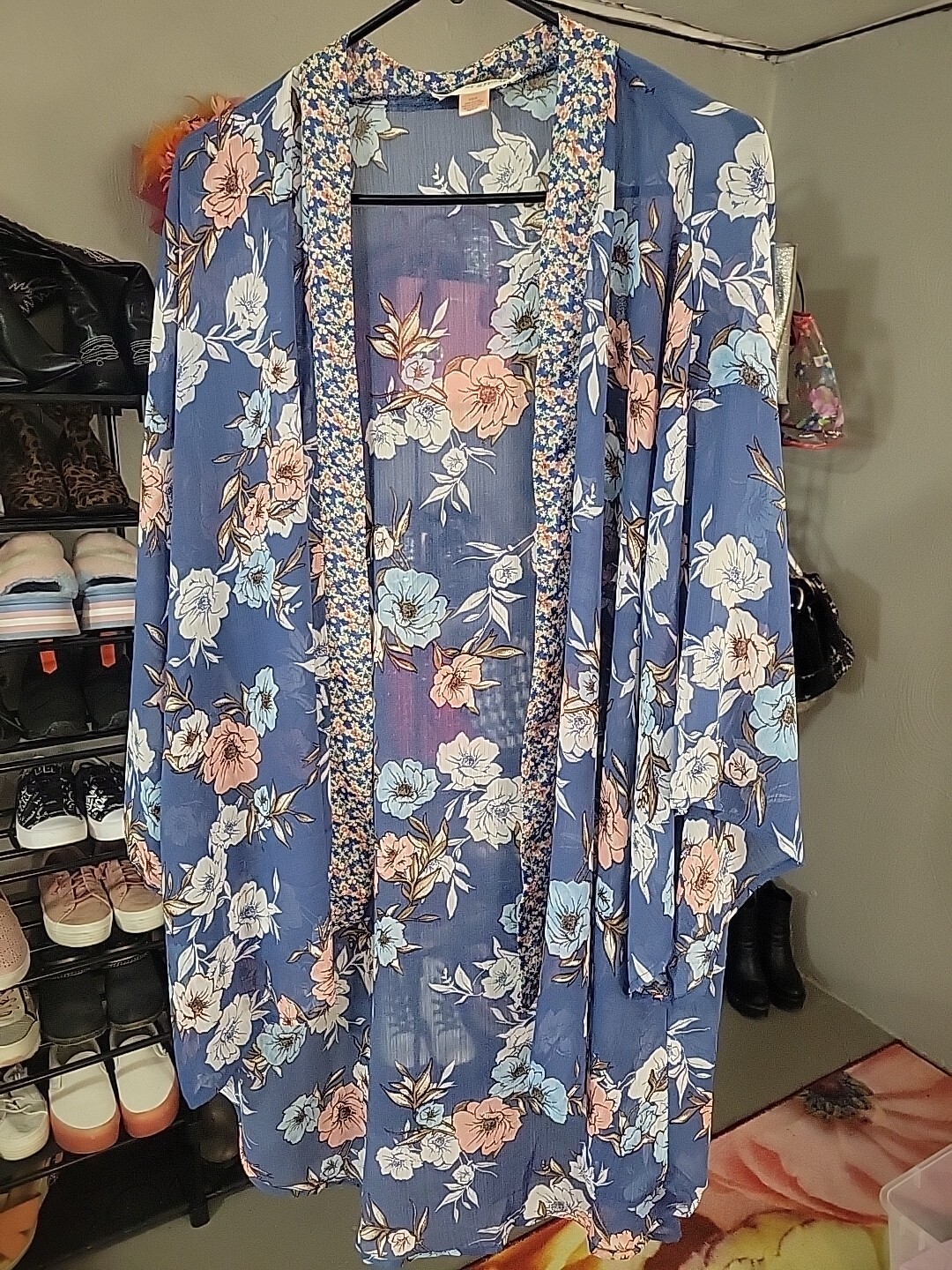 Band Of Gypsies Women’s Floral Open Front Kimono Cardigan Light Blue XS/S