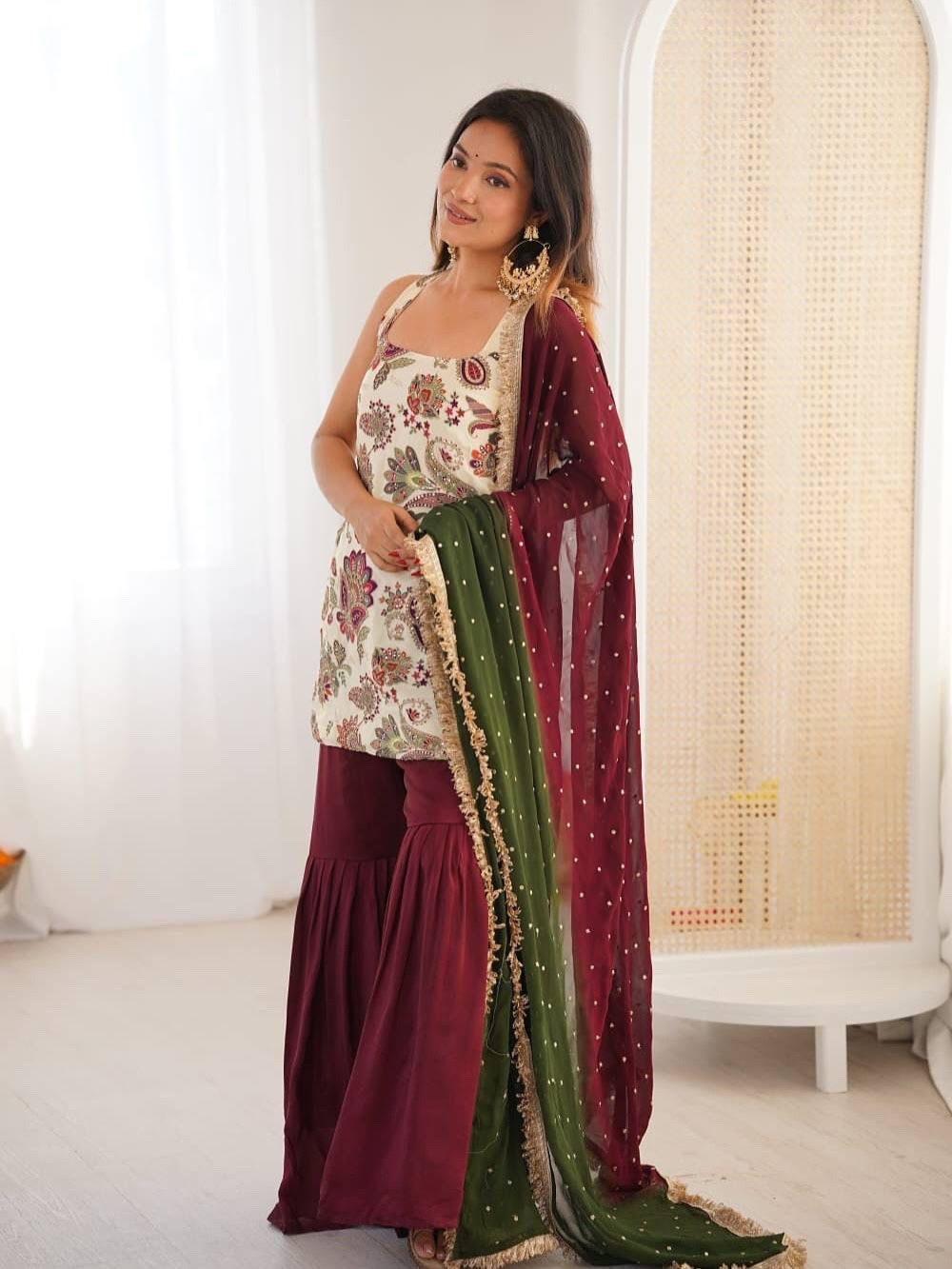 Designer sequin embroidered sleeveless sharara suit with dupatta set party wear