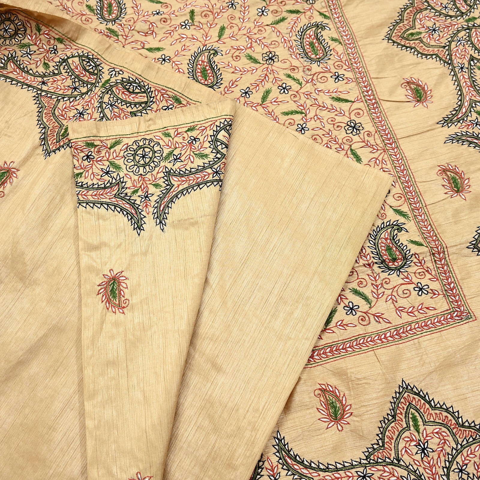 Indian Vintage Sari Beige Artificial Silk Hand Embroidered Sarees Craft Fabric 5
