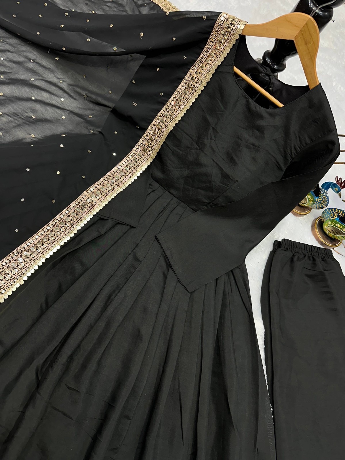 New Heavy Roman Silk Black Gown Bottom With Dupatta For Women Festival Wear