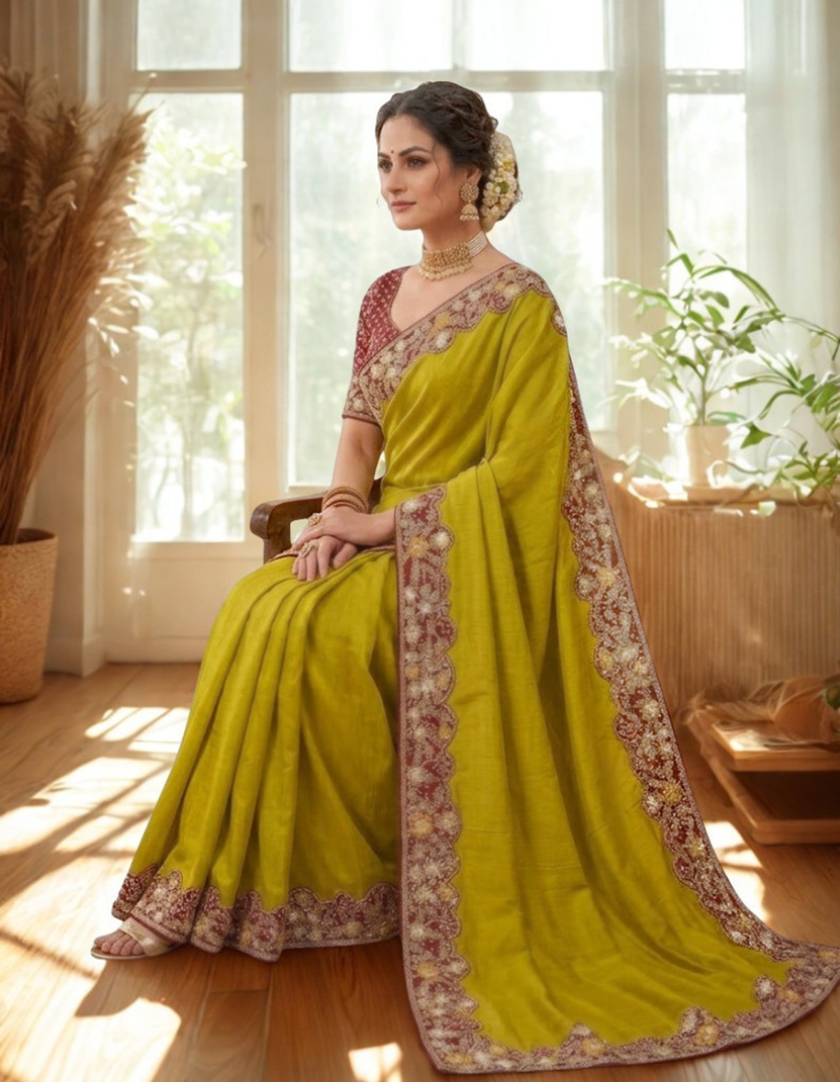Embroiderd Art Silk Saree With Stitched Blouse (Dark Green)