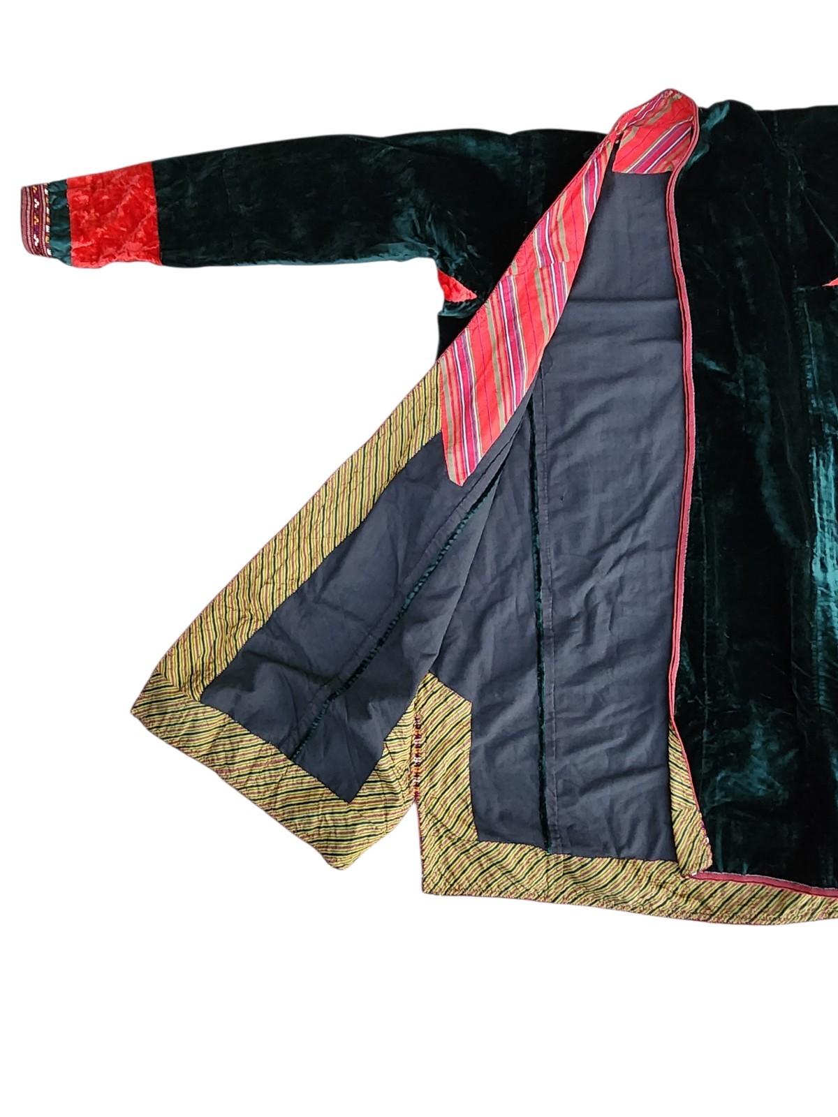 Vintage Turkmen Velvet Green Red Embroidered Chapan, Kaftan Robe (M/L ?)