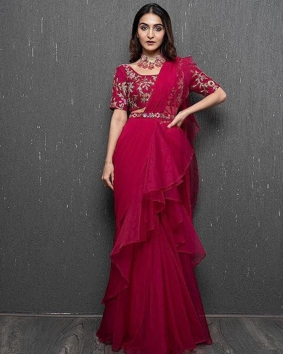 Womens Ready To Wear Lehenga Saree & Belt Bollywood Style Apple Organza Silk Fab