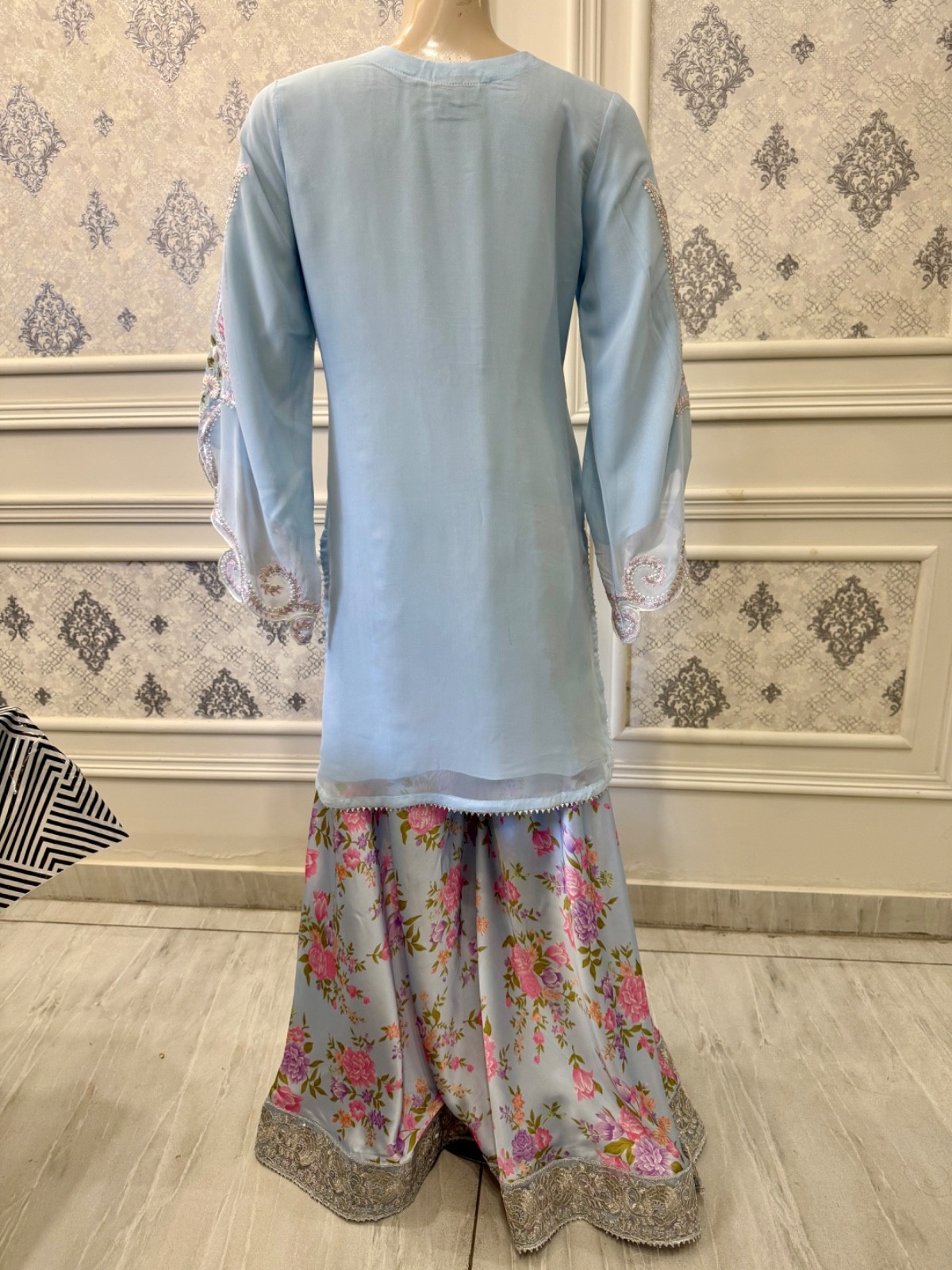 Pakistani Light Blue chiffon & Silk fancy Embroidered Sharara Dress,XL