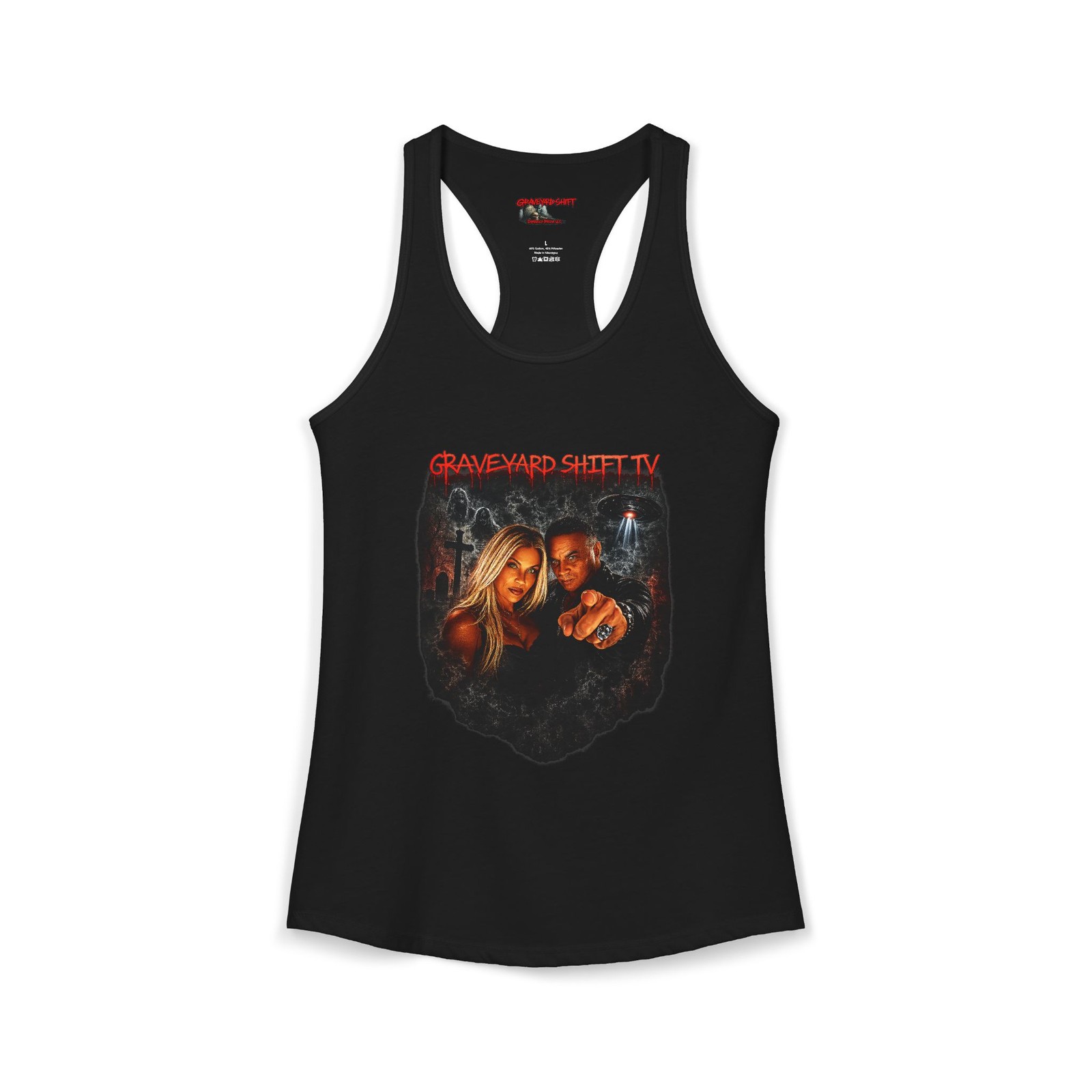 Graveyard Shift TV Womens Racerback Tank Top Horror Paranormal UFO Slim Fit NEW